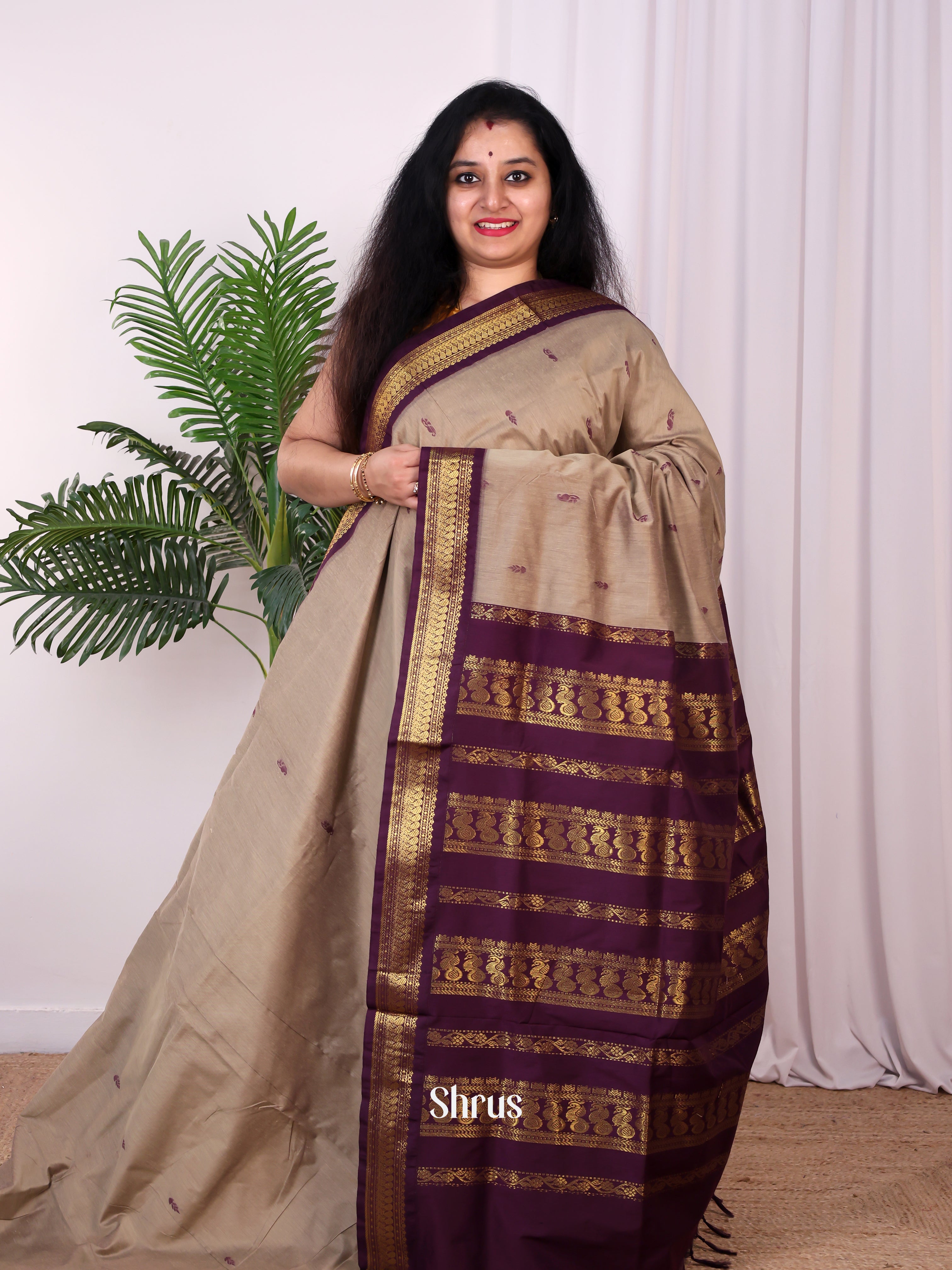 Beige & Violet - Kalyani Cotton Saree