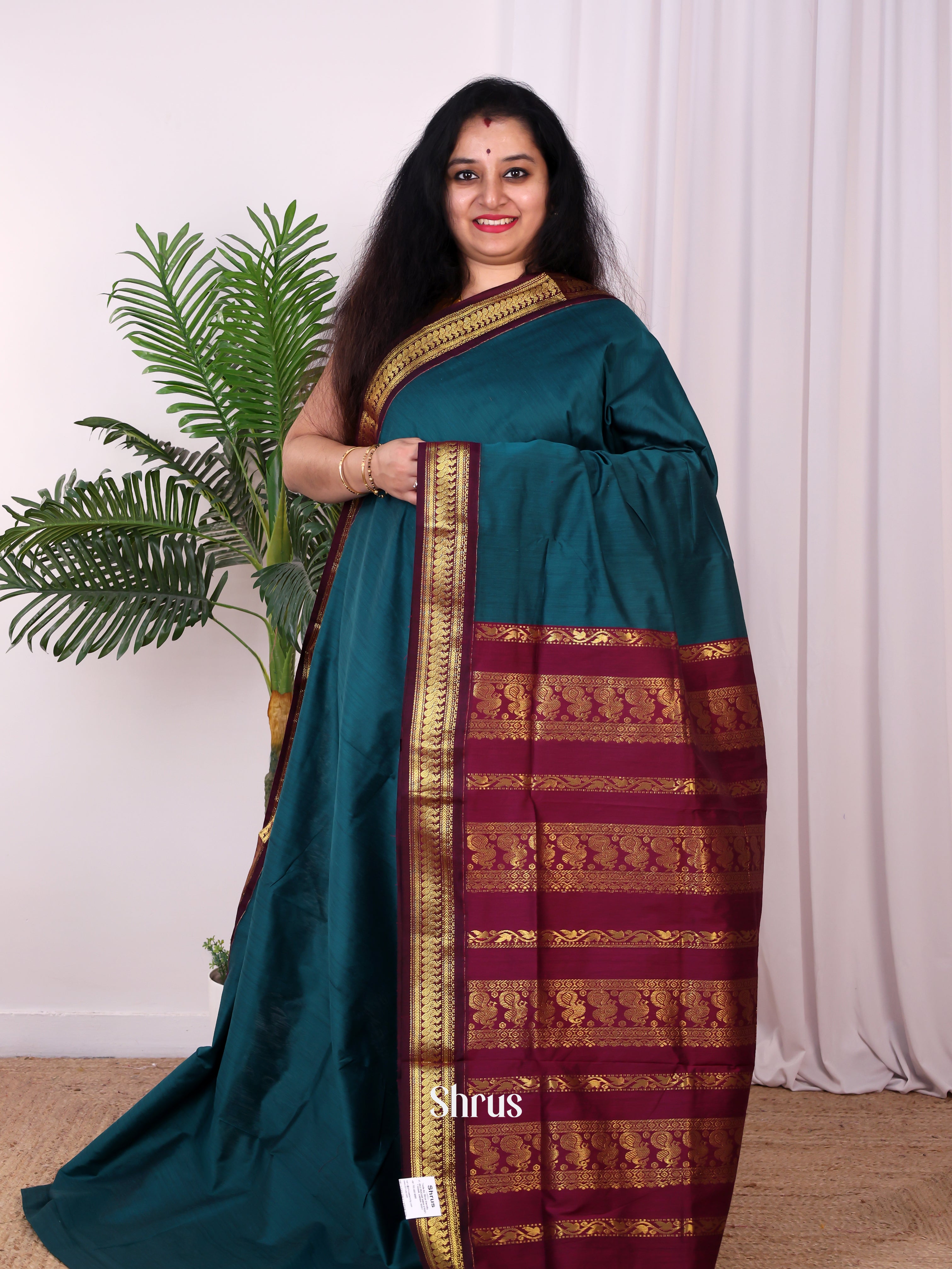Peacock Blue & Maroon - Kalyani Cotton Saree - Shop on Shrus.com