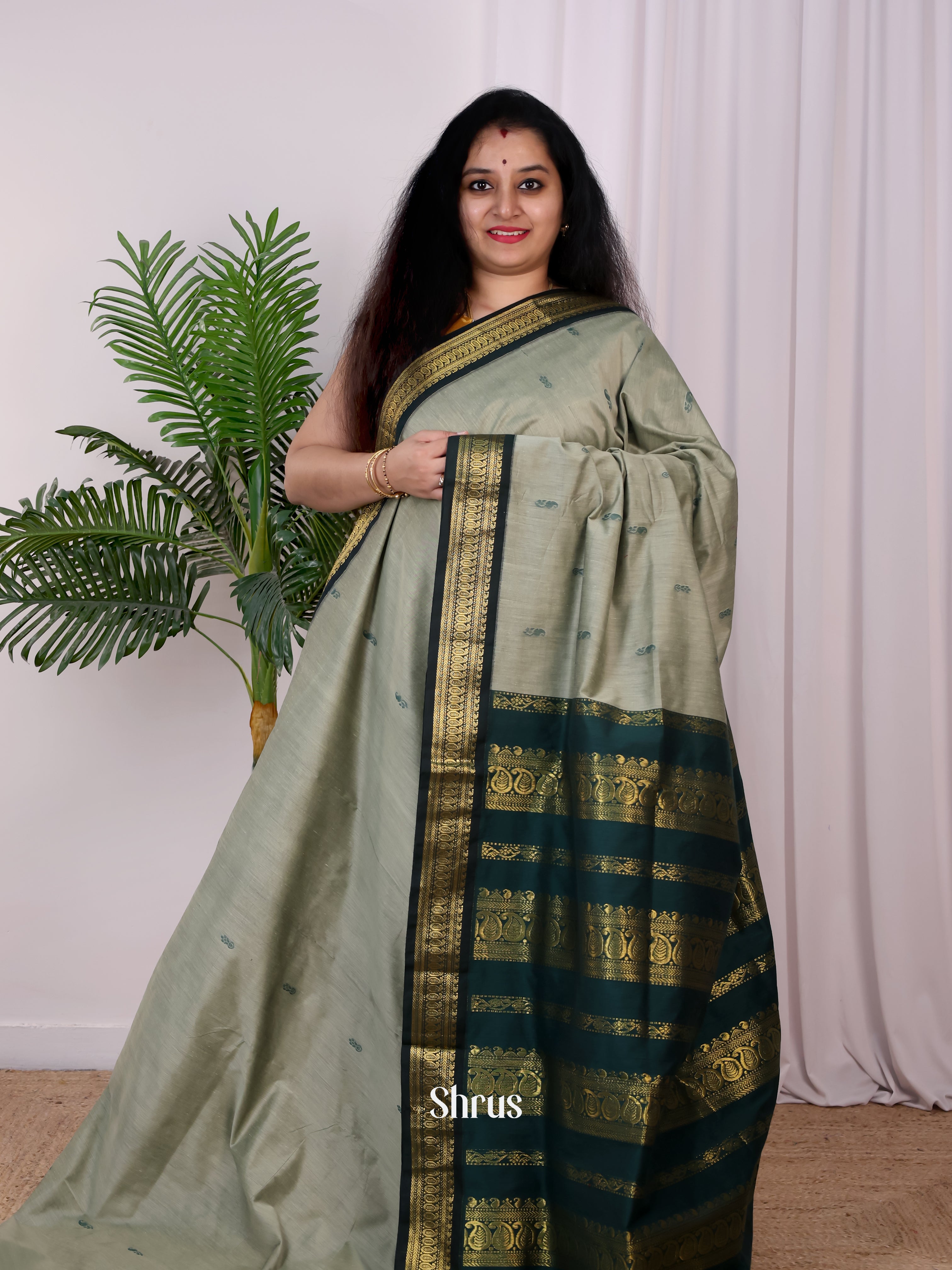 Grey  & Green- Kalyani Cotton Saree - Shop on Shrus.com
