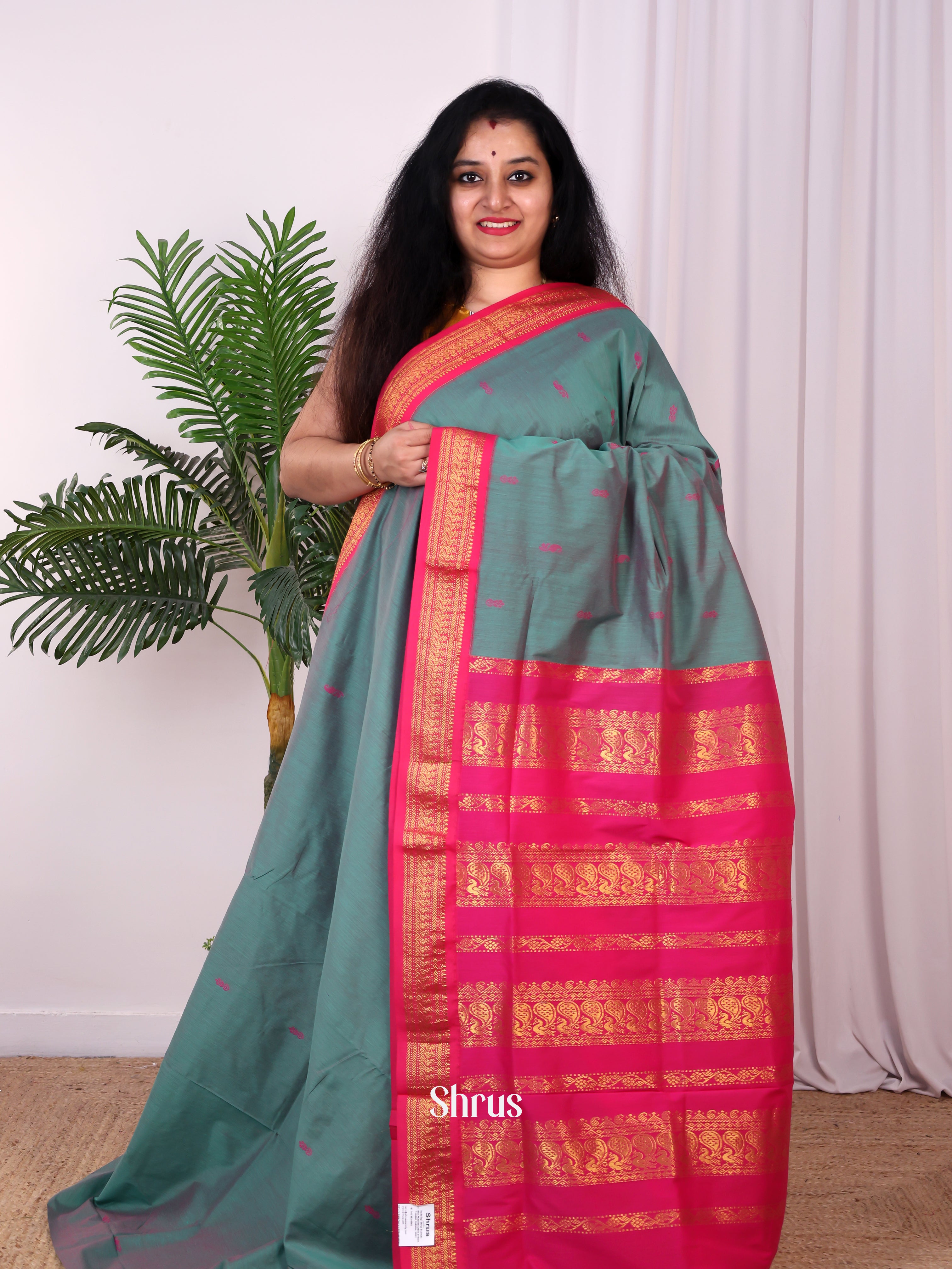 Greenish Grey & Pink - Kalyani Cotton Saree - Shop on Shrus.com