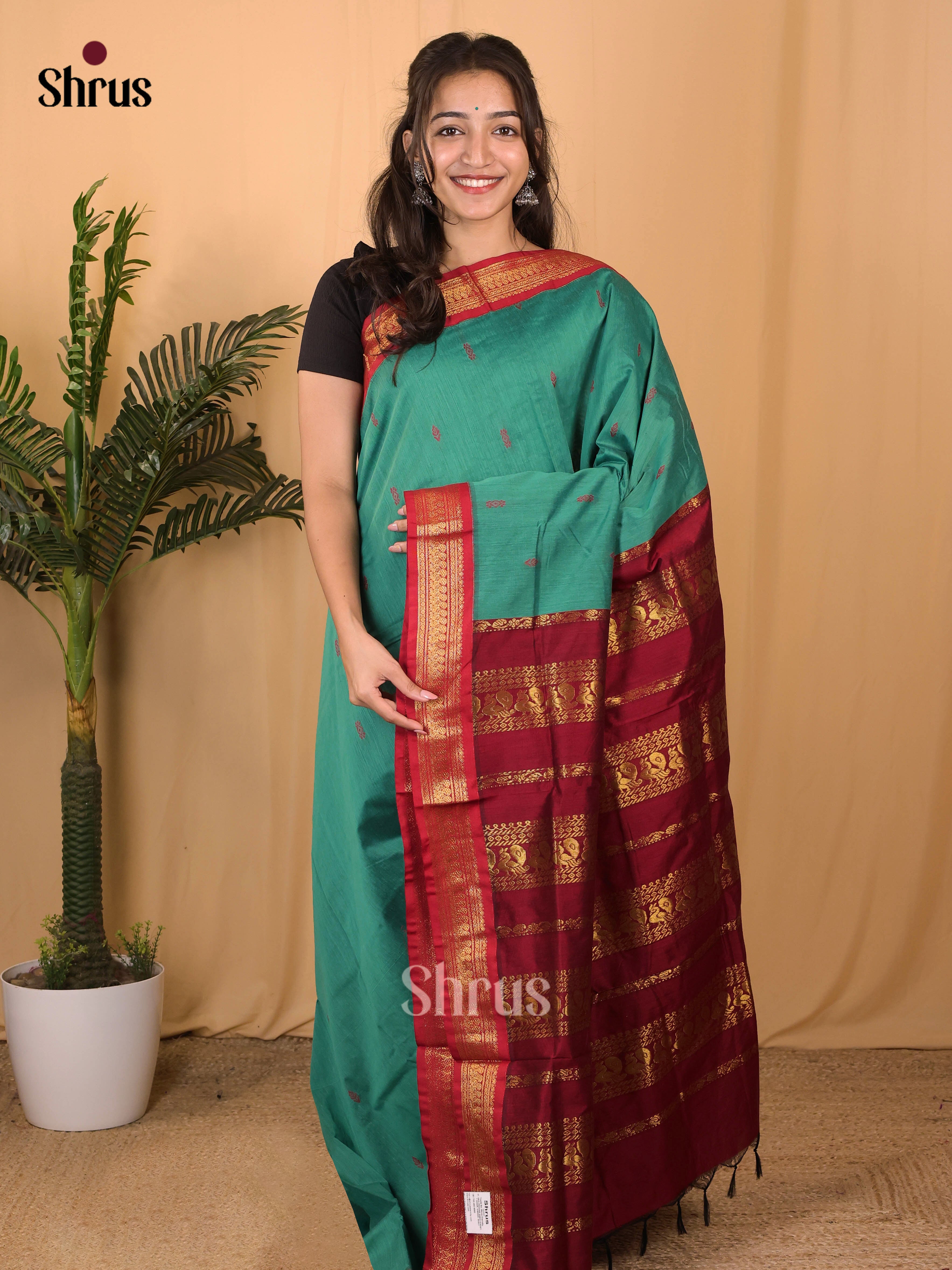 Green & Maroon - Kalyani Cotton Saree - Shop on Shrus.com