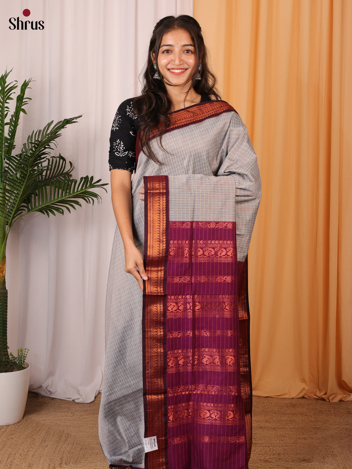 Grey & Purple  - Kalyani Cotton Saree - Shop on Shrus.com