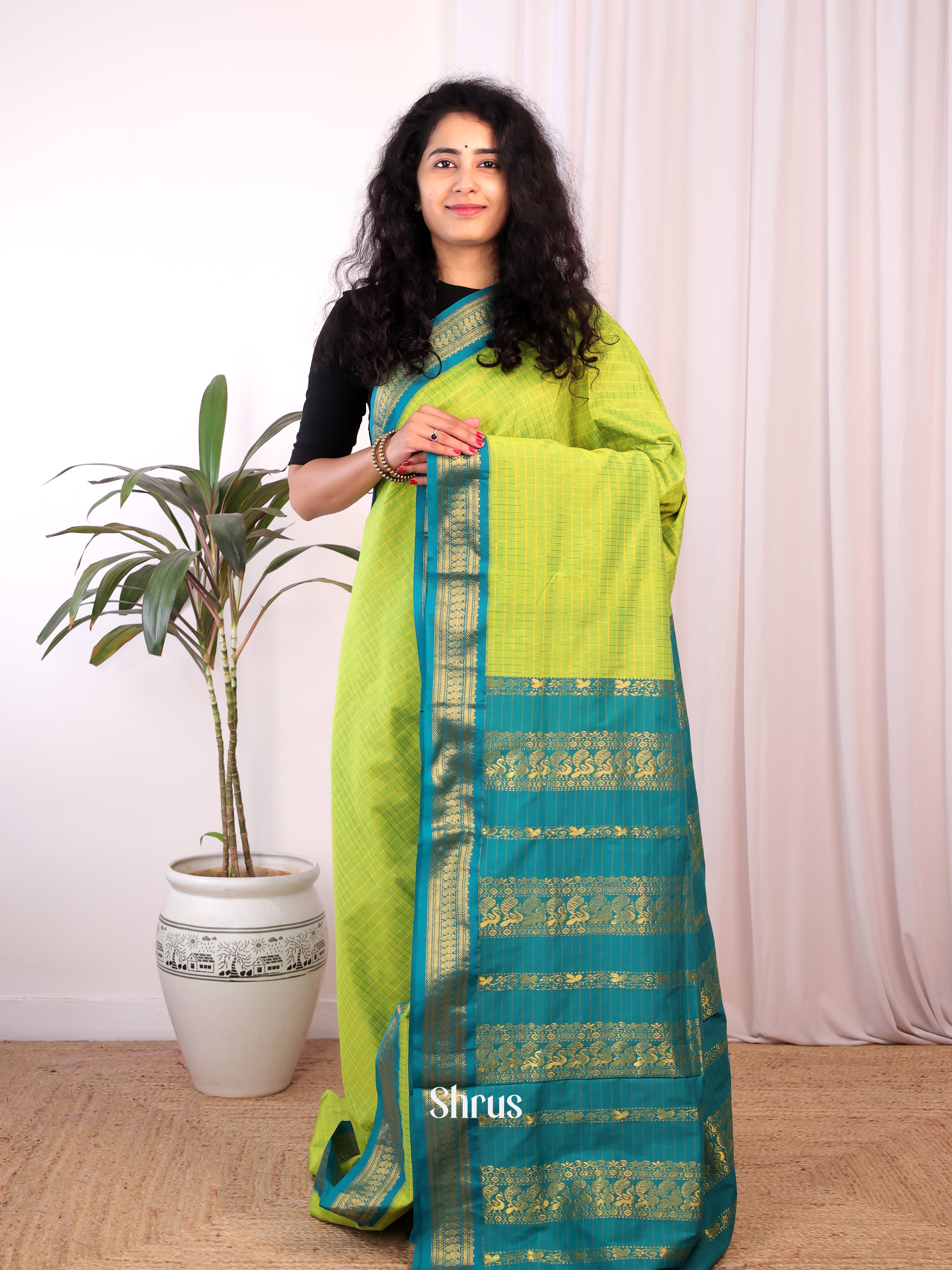 Lime Green  & Green - Kalyani Cotton Saree