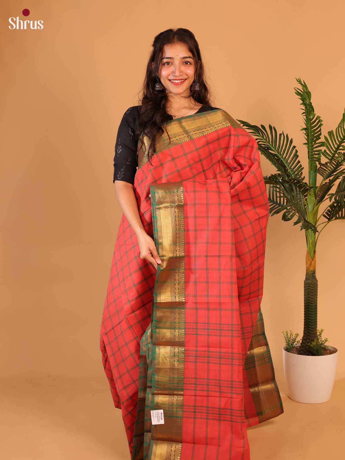 Tomato Red & Green- Chettinad Cotton Saree