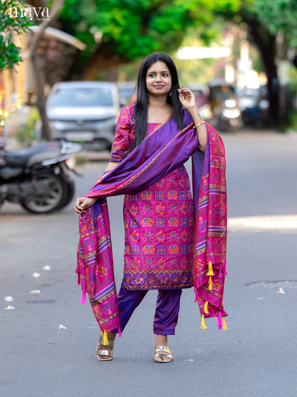 Pink & Purple- semi patola Unstitched Top, Bottom & Dupatta - CKS14017 - Shop on Shrus.com