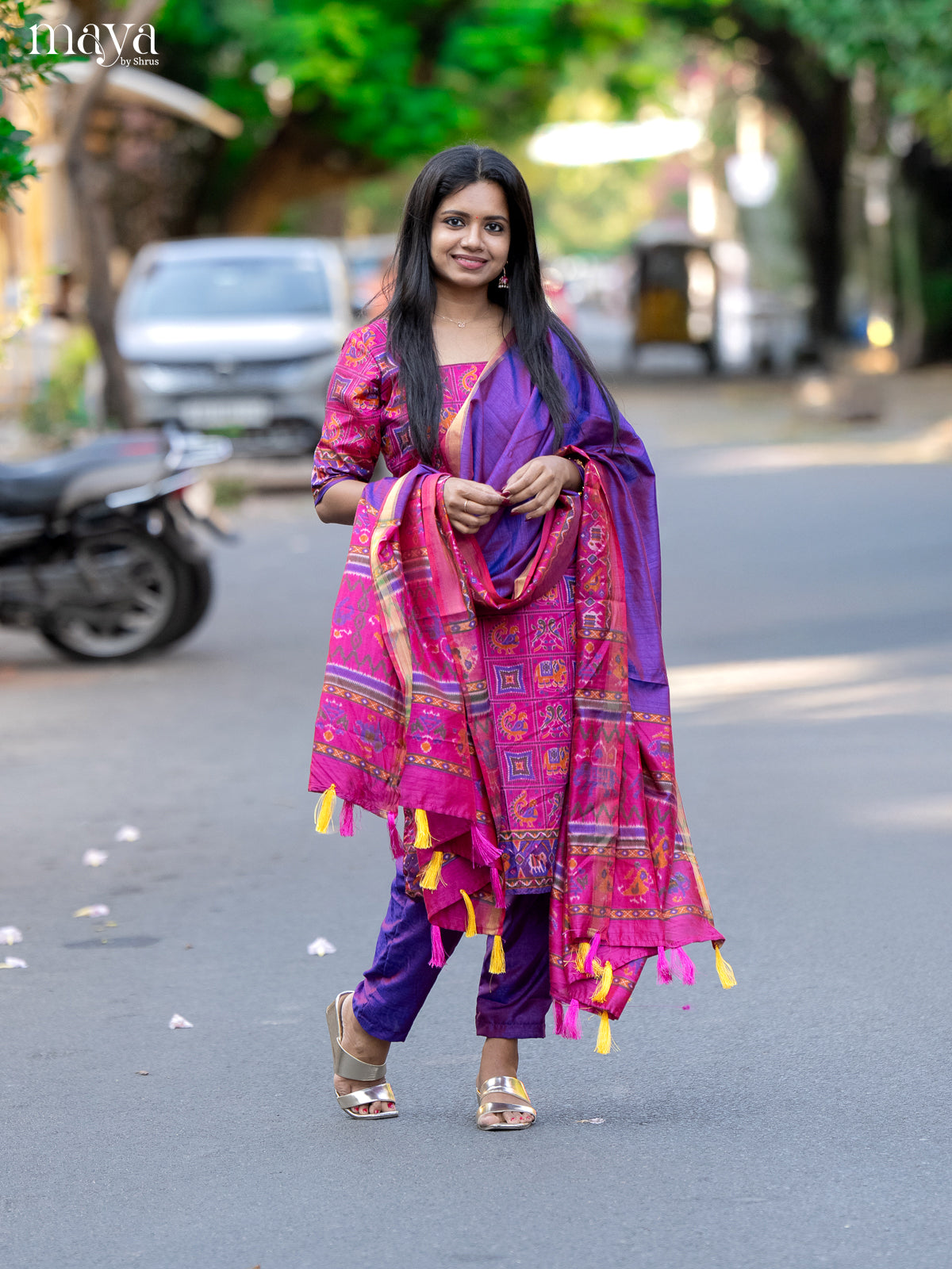Pink & Purple- semi patola Unstitched Top, Bottom & Dupatta - CKS14017 - Shop on Shrus.com