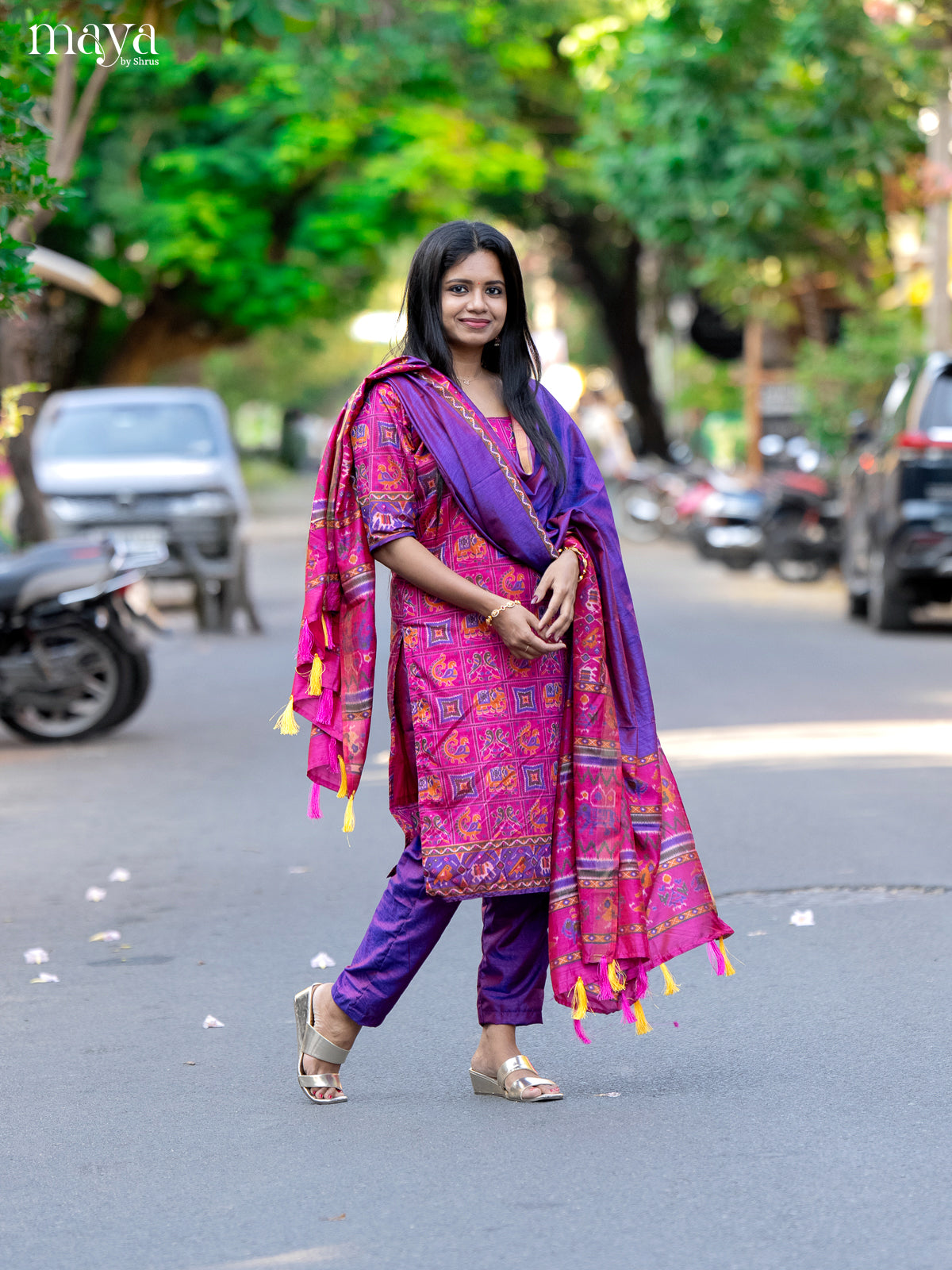 Pink & Purple- semi patola Unstitched Top, Bottom & Dupatta - CKS14017 - Shop on Shrus.com