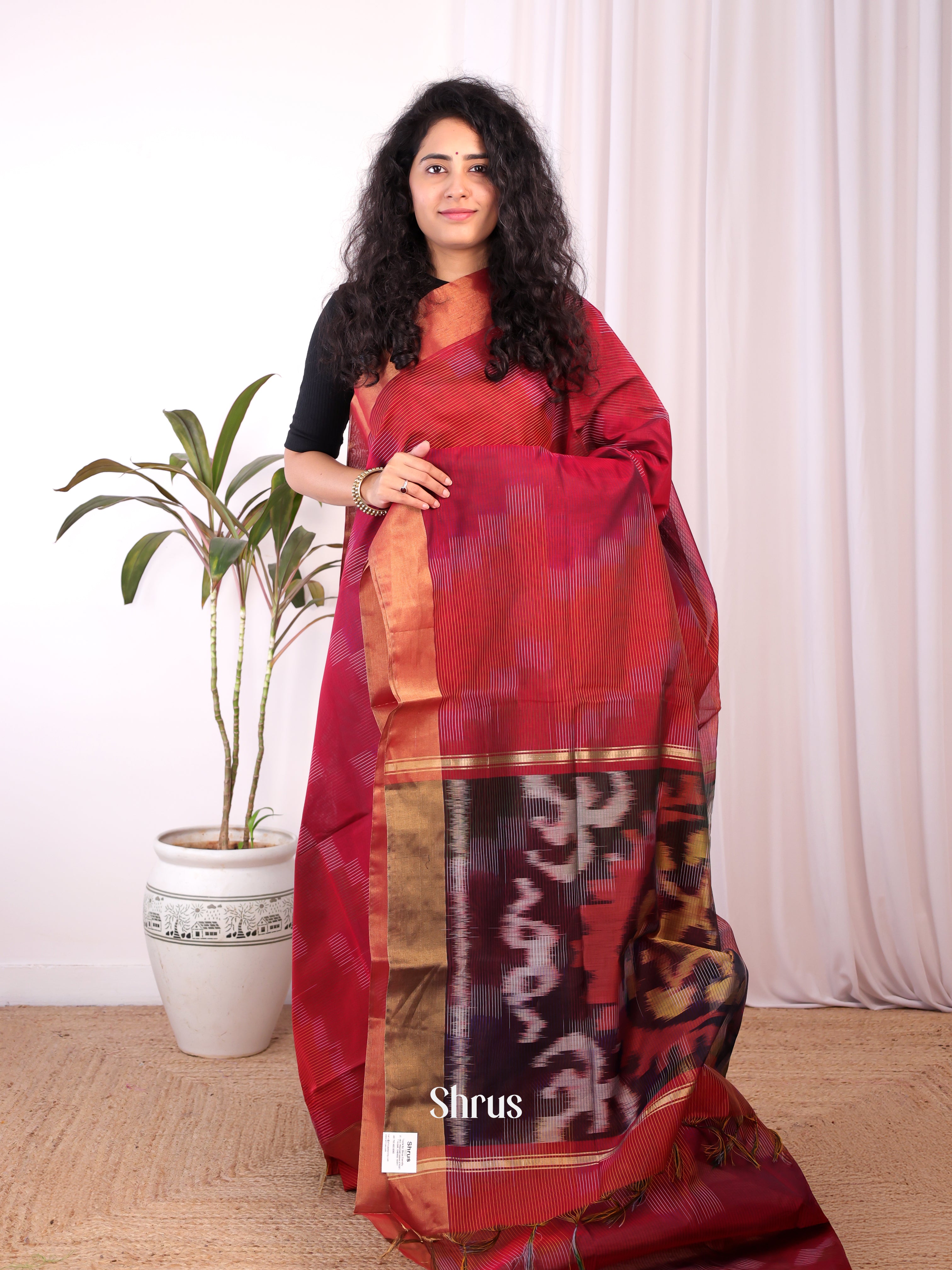 Red & Brown - Ikkat Kora Saree