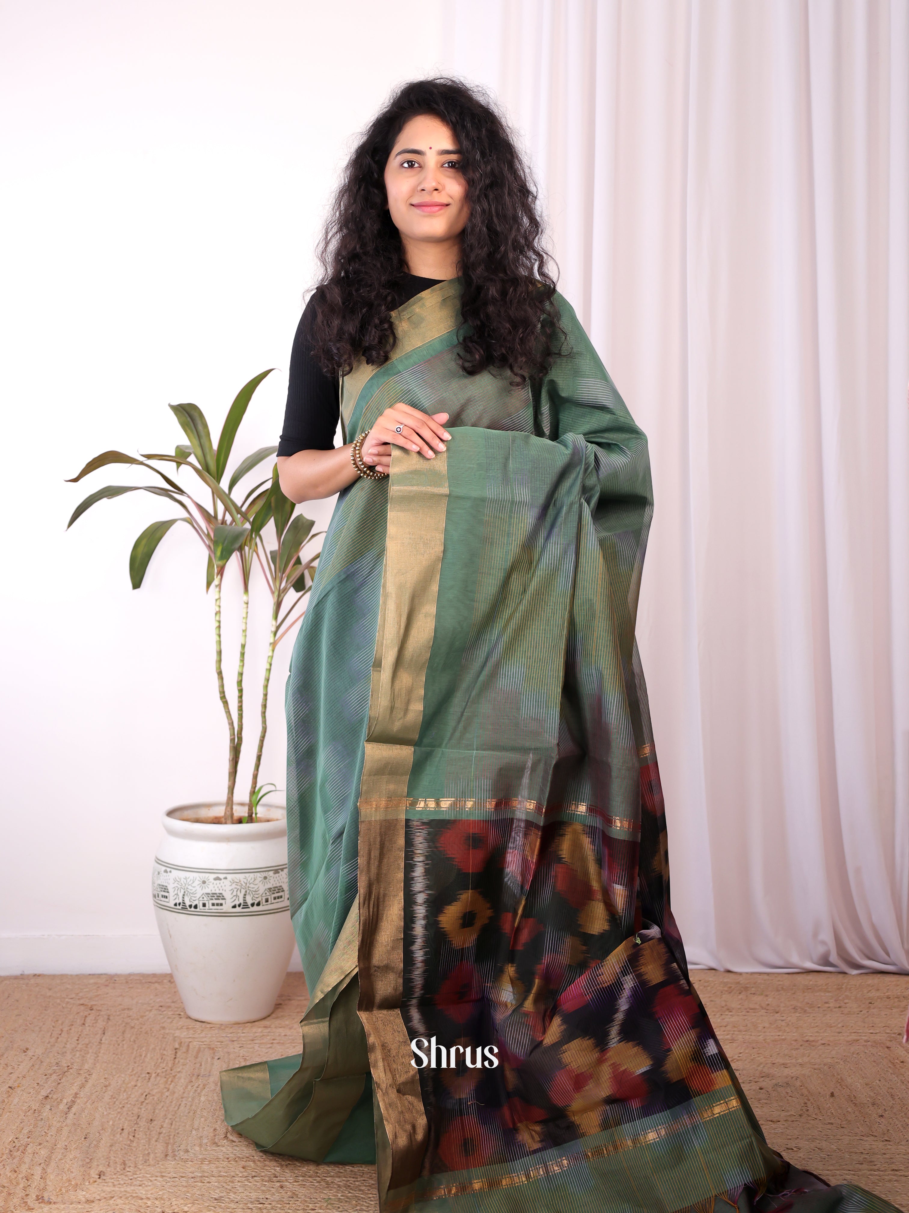 Green - Ikkat Kora Saree