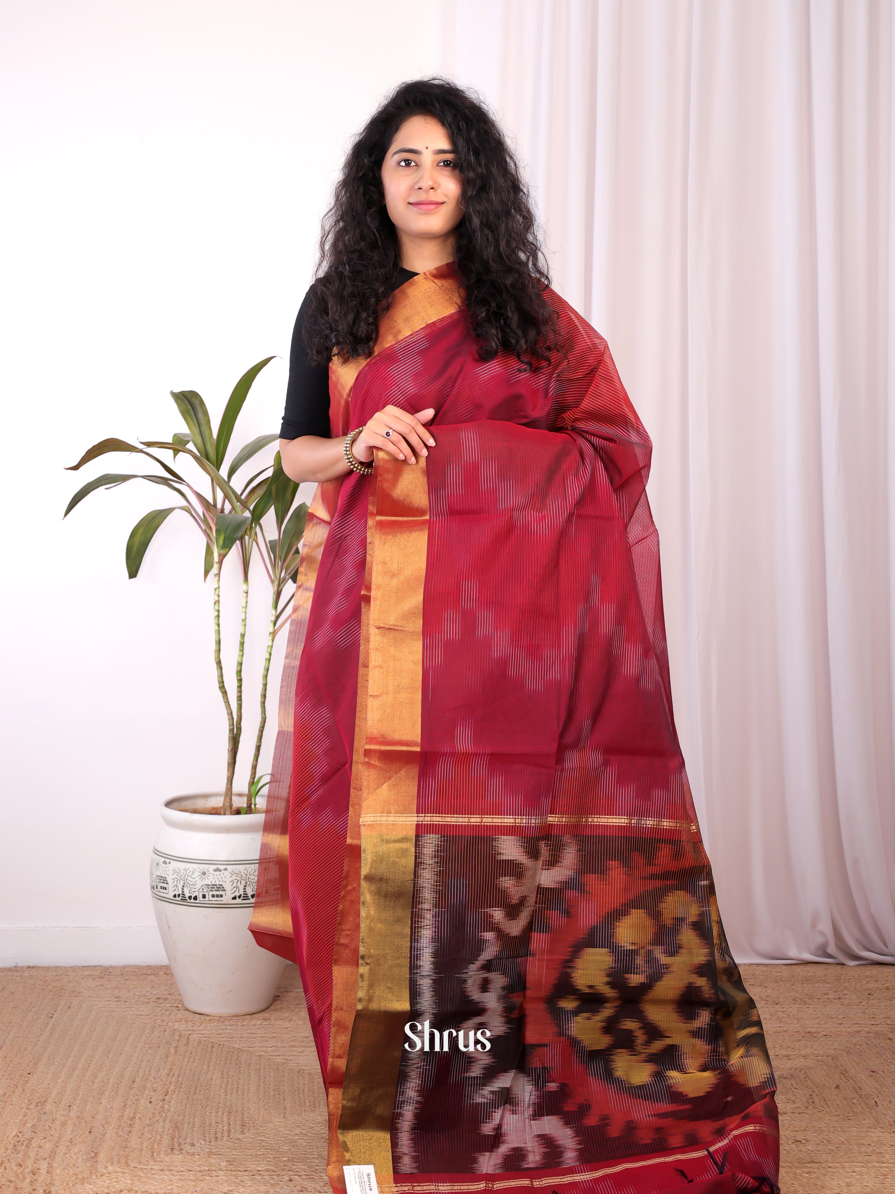 Red & Brown - Ikkat Kora Saree