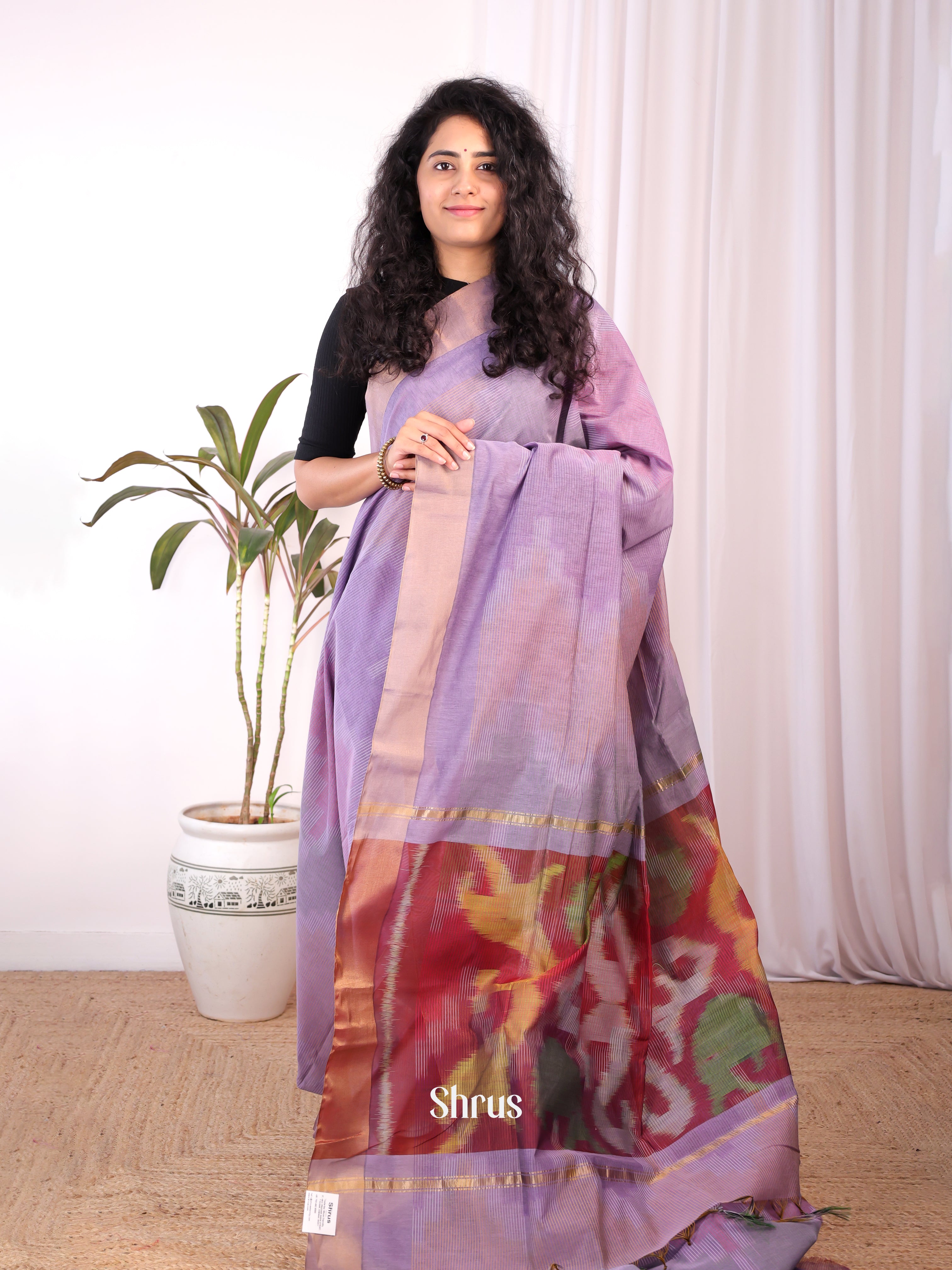 Lavender & Brown - Ikkat Kora Saree