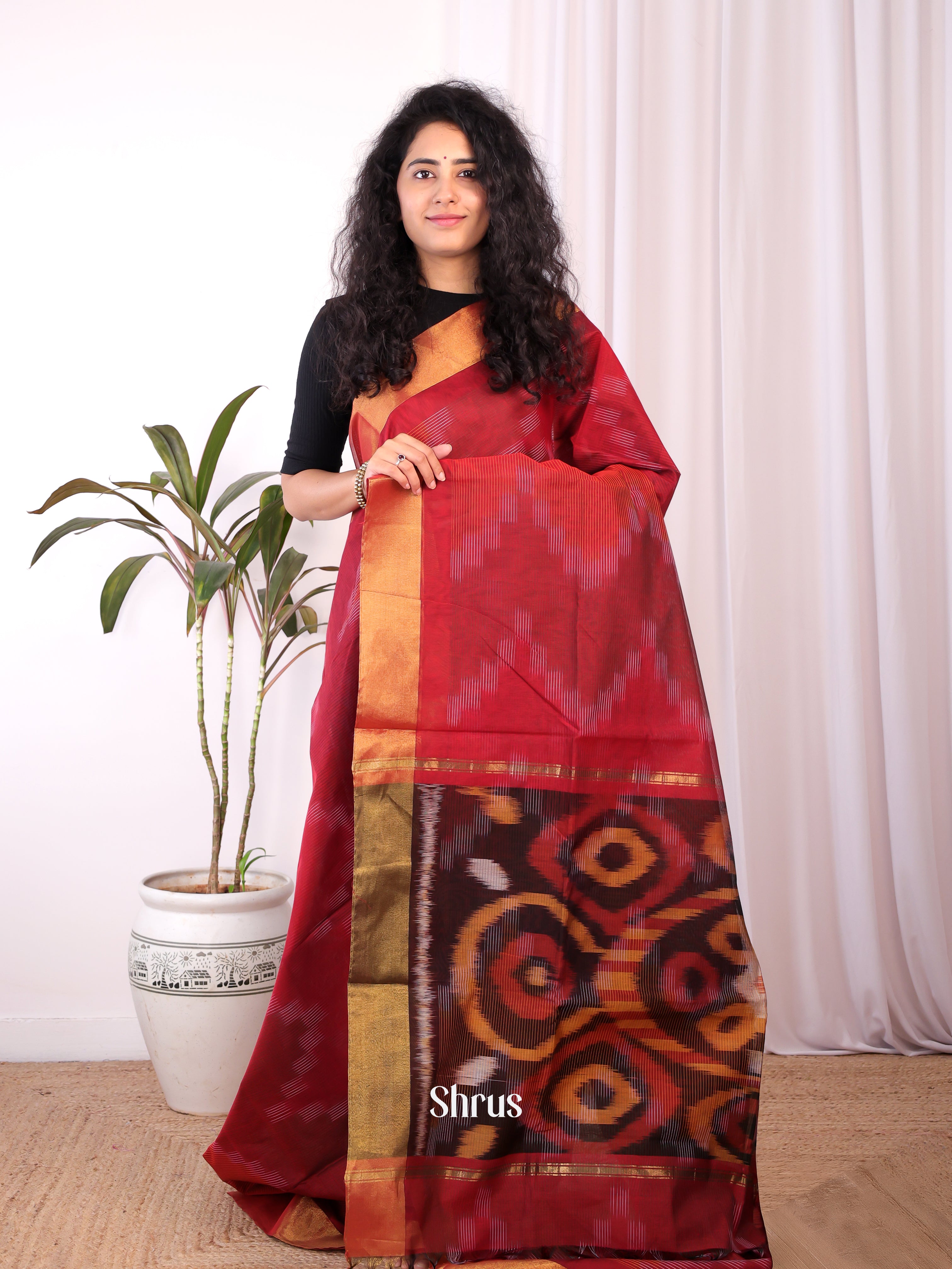 Red & Brown- Ikkat Kora Saree