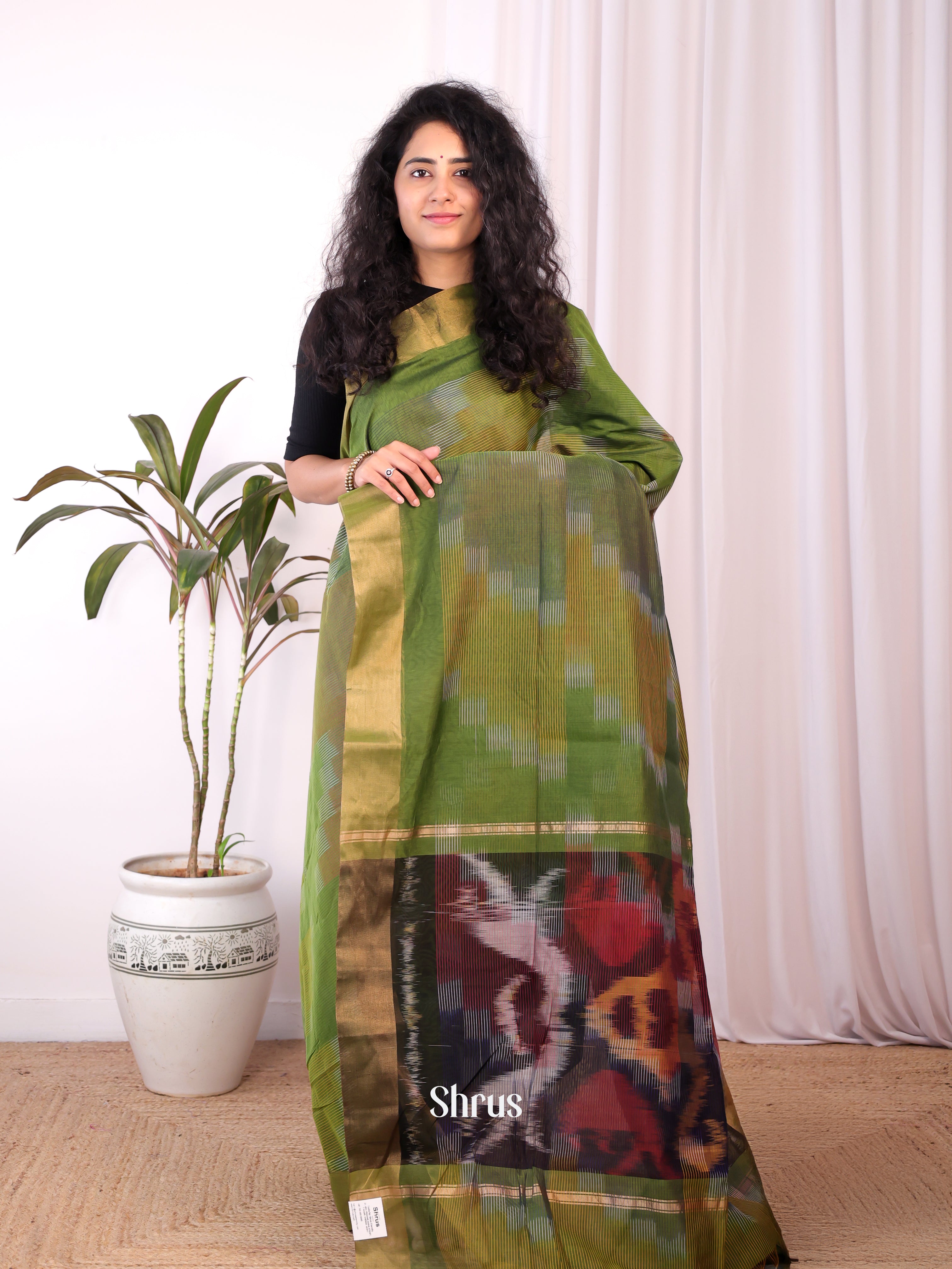 Green & Brown - Ikkat Kora Saree