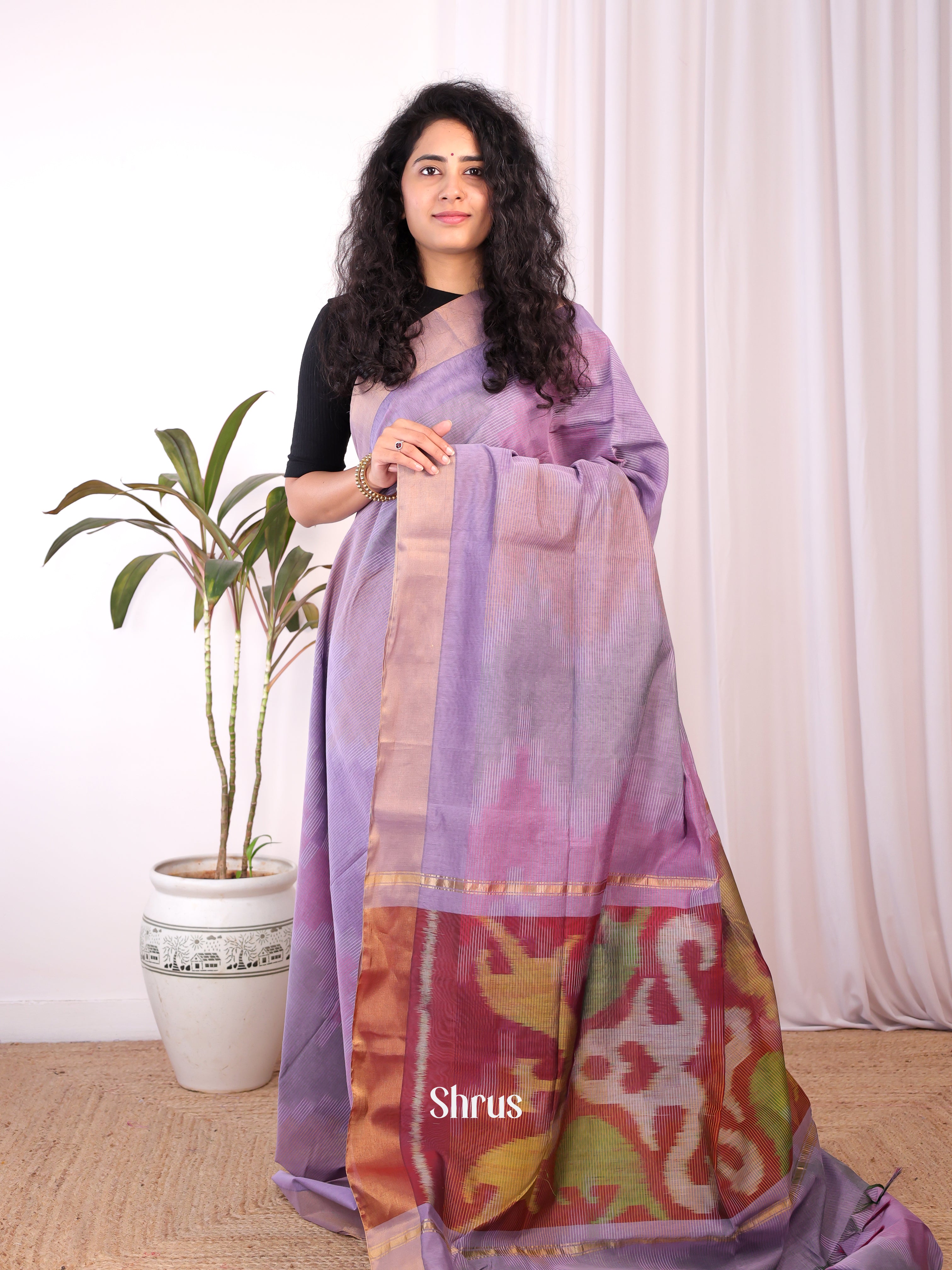 Lavender & Brown - Ikkat Kora Saree