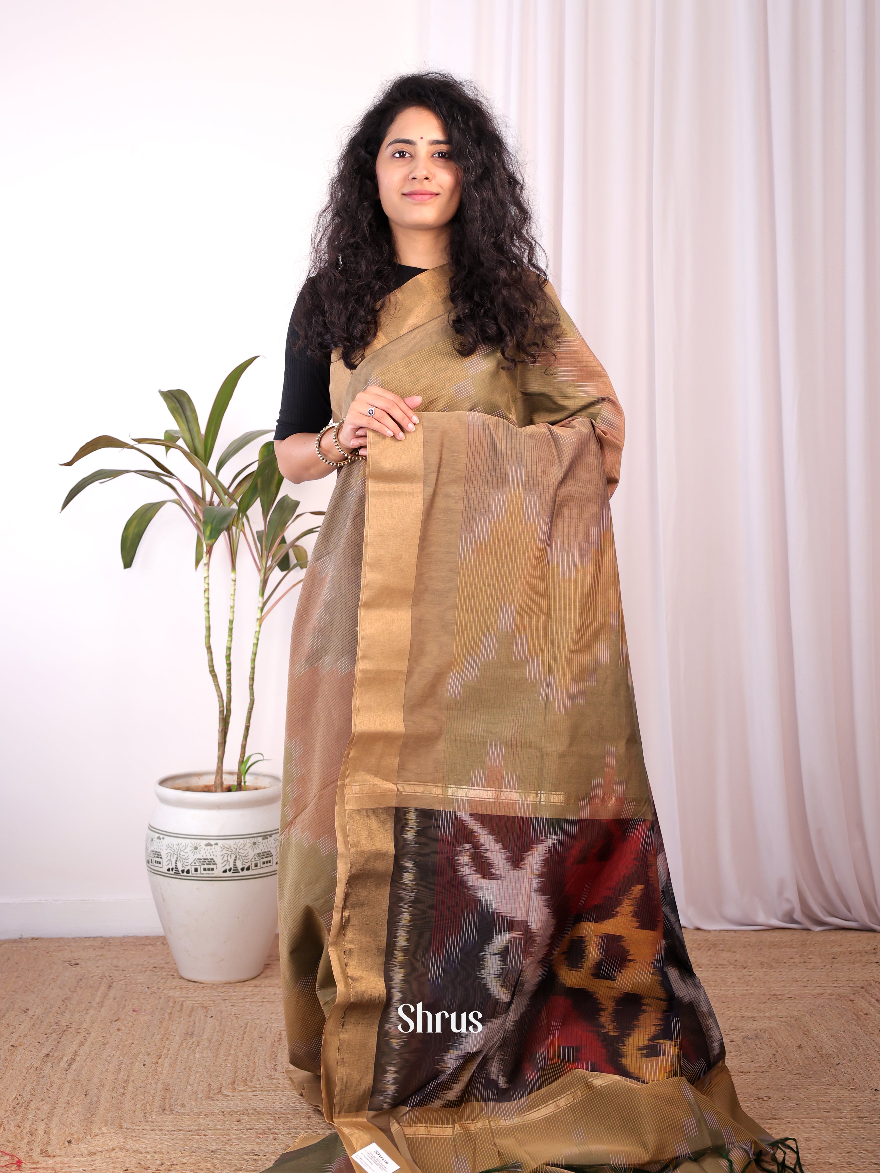 Beige & Brown- Ikkat Kora Saree