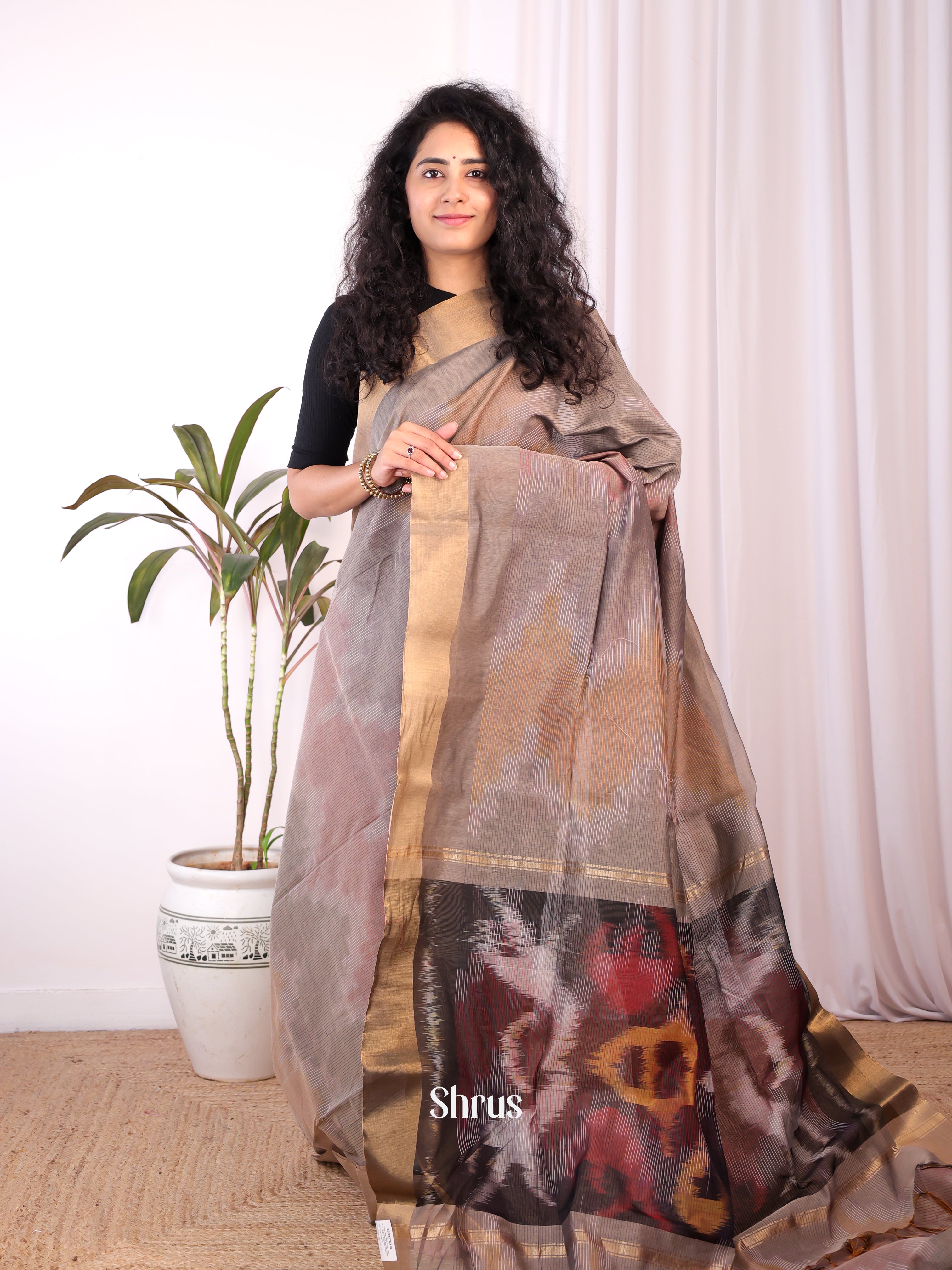 Grey & Brown - Ikkat Kora Saree