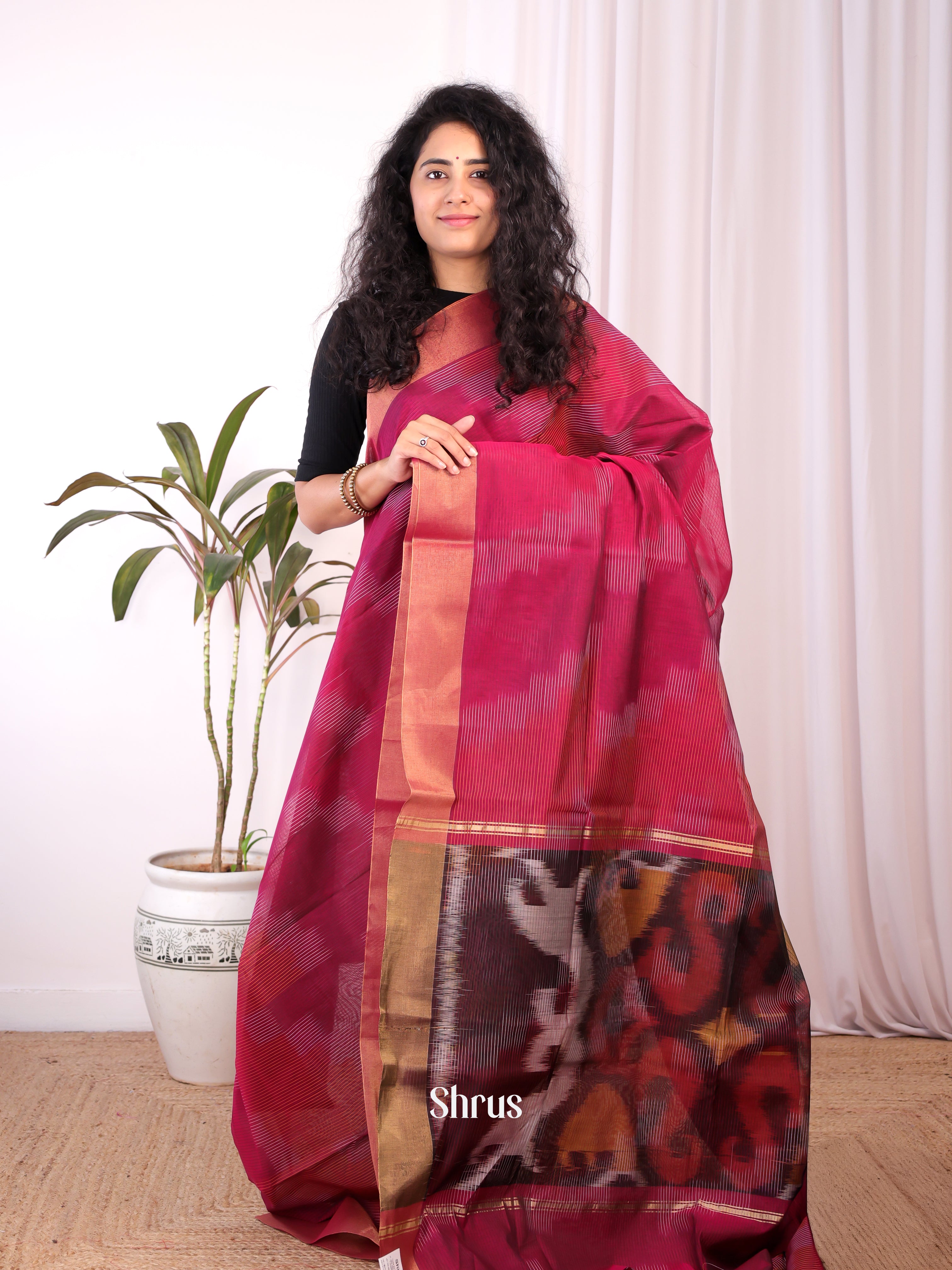 Red & Brown - Ikkat Kora Saree