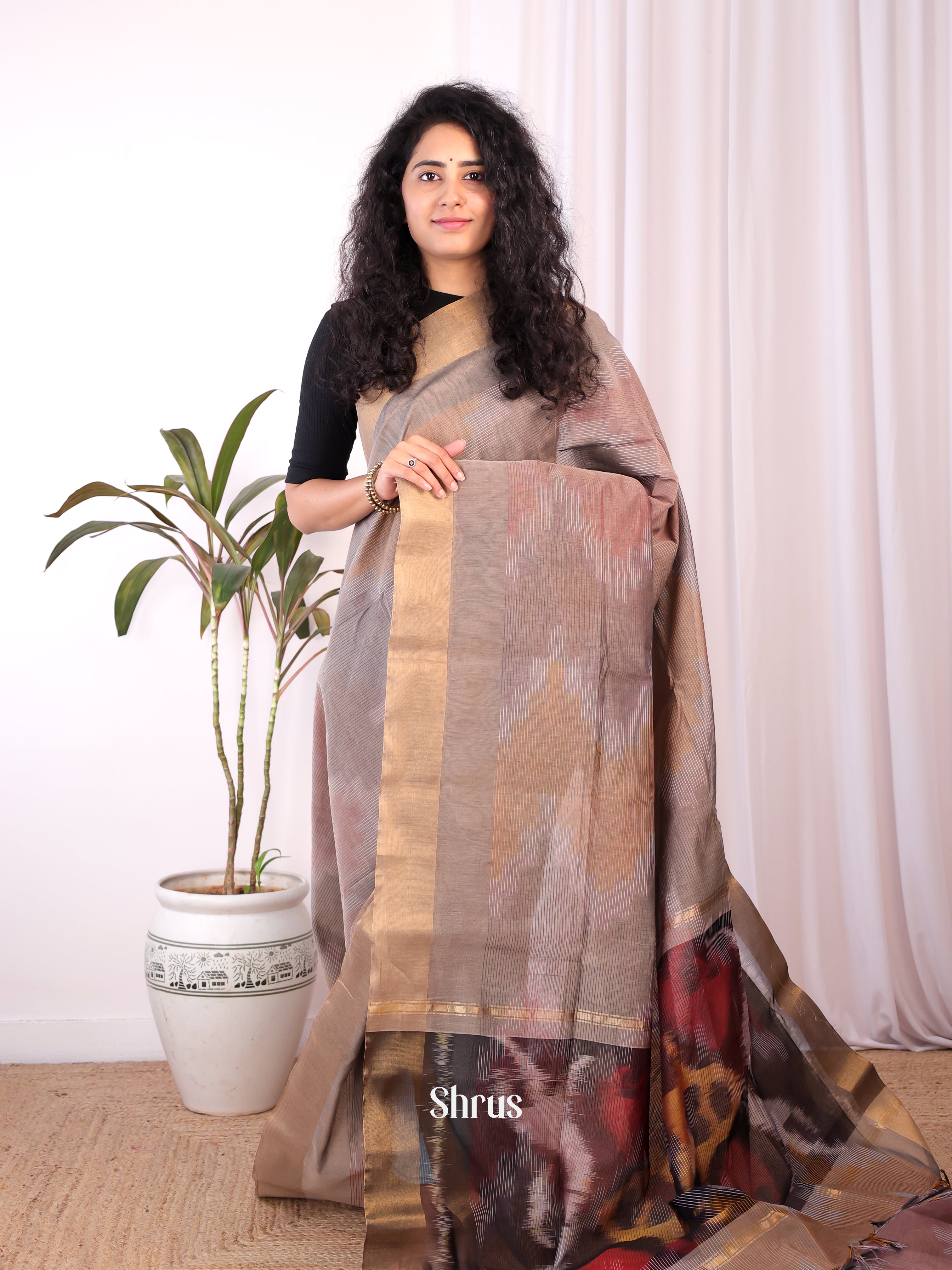 Grey & Brown - Ikkat Kora Saree