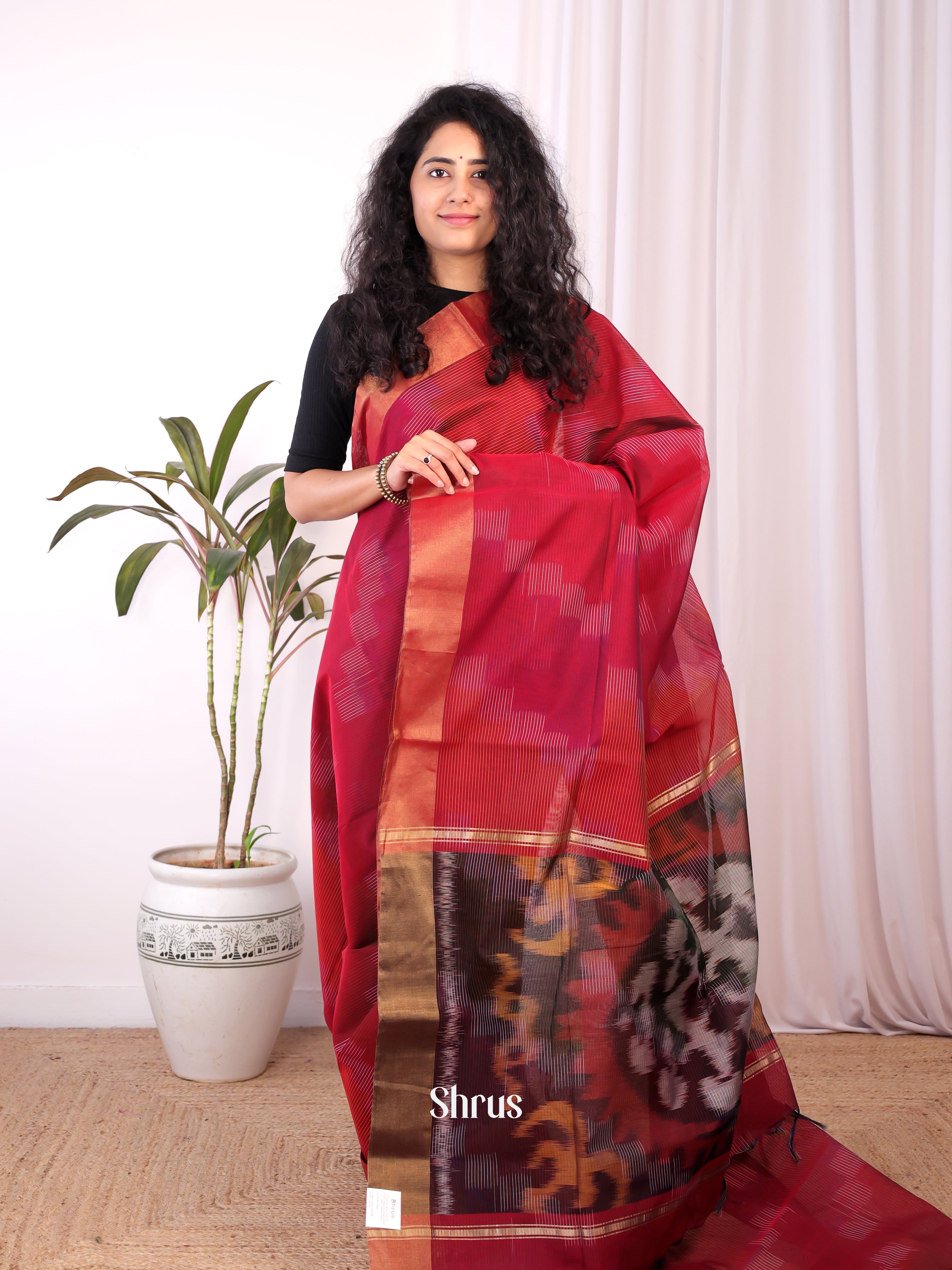 Red & Brown - Ikkat Kora Saree