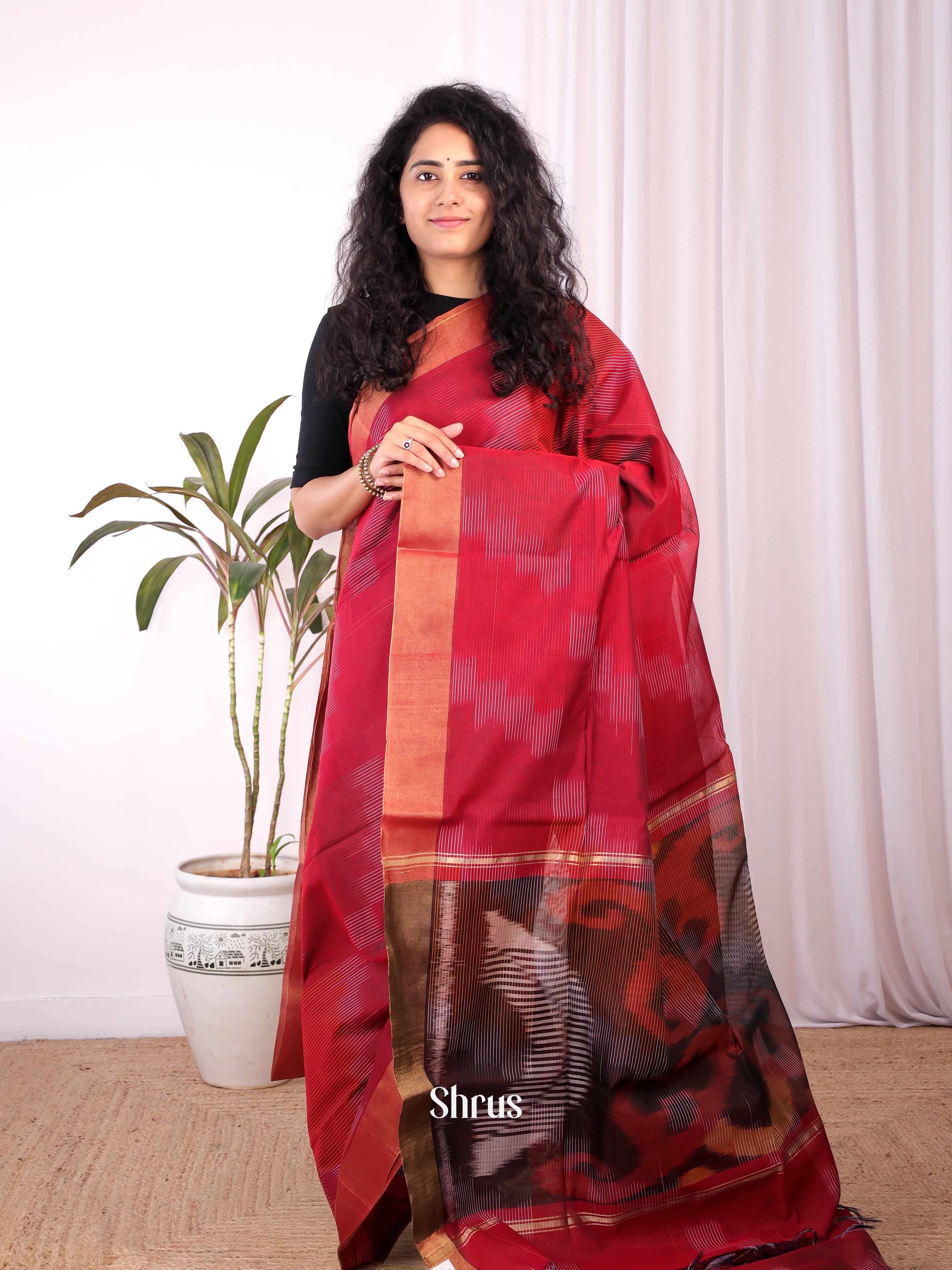 Red & Brown - Ikkat Kora Saree