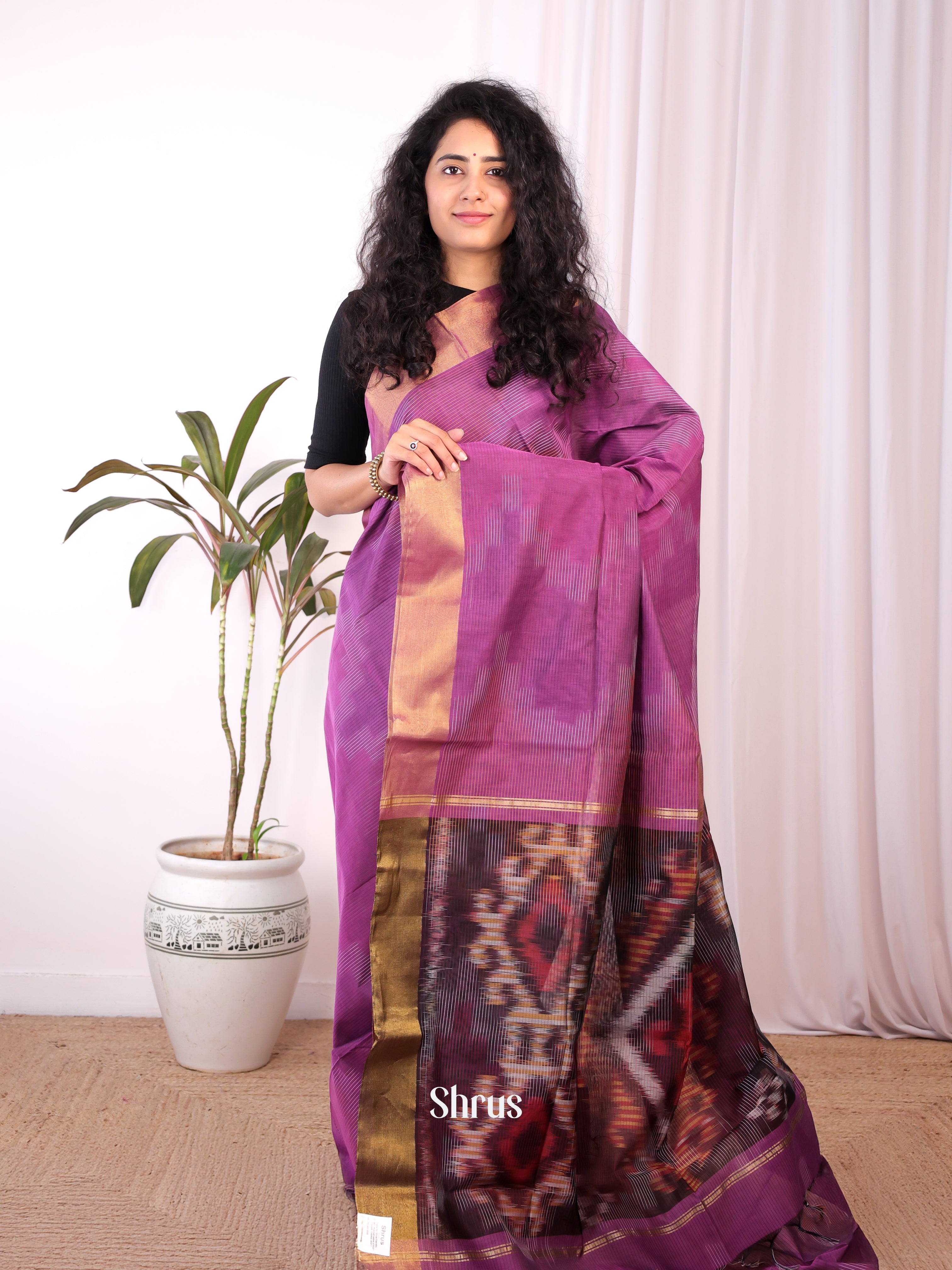 Purple & Brown - Ikkat Kora Saree