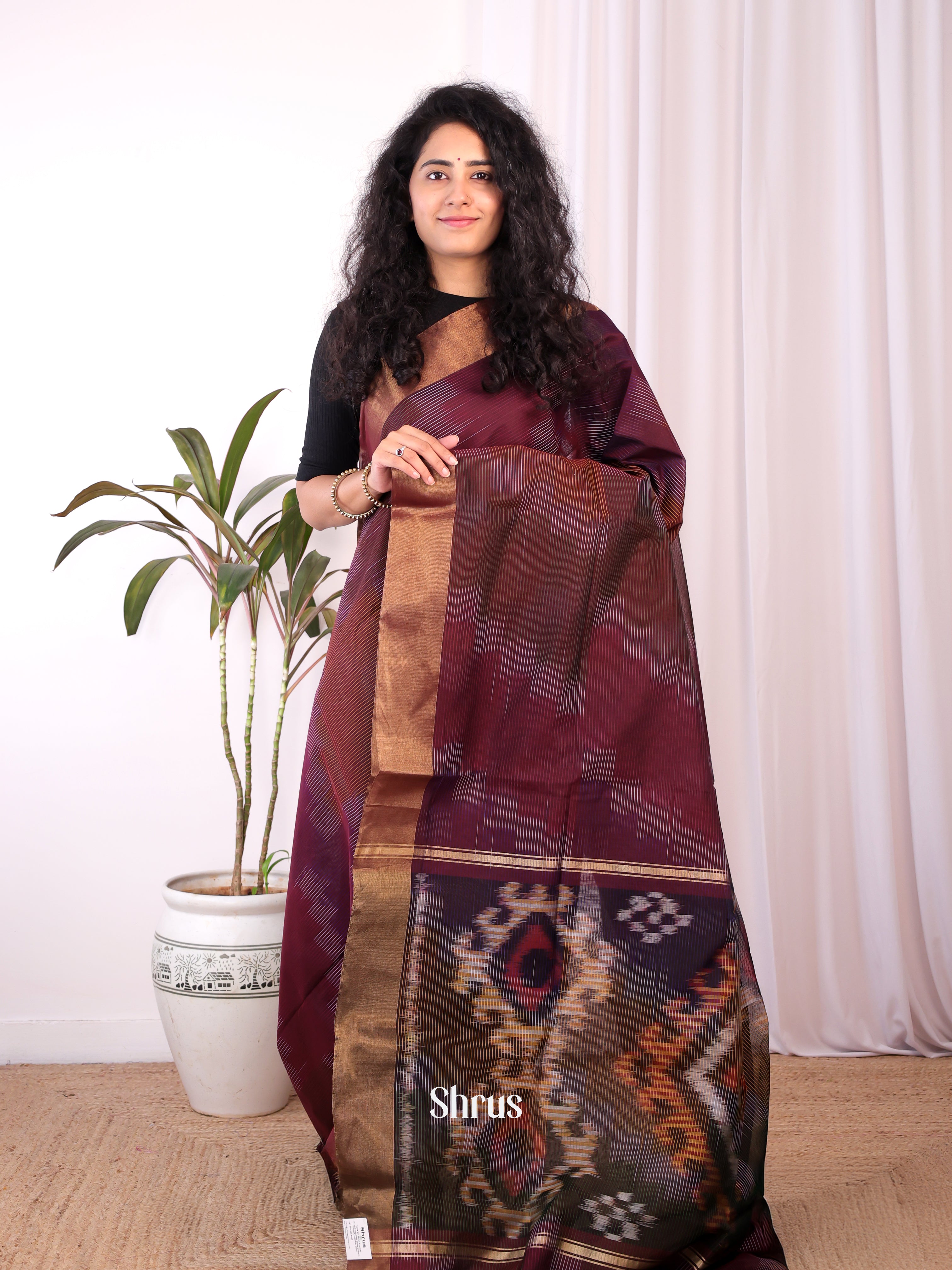 Maroon & Brown - Ikkat Kora Saree