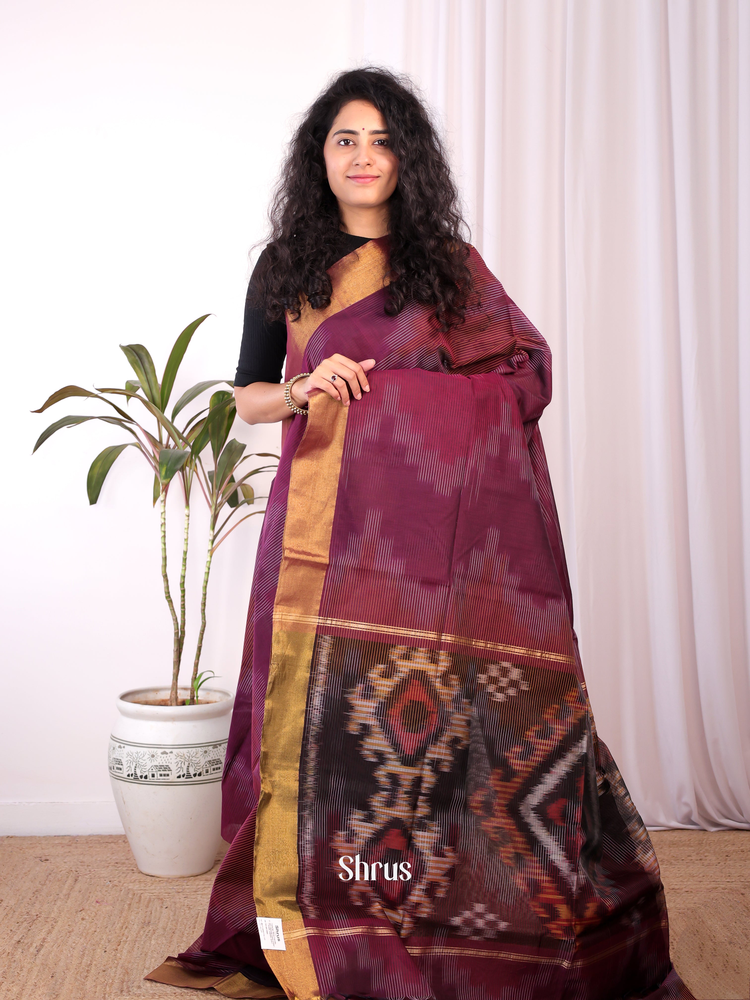 Maroon - Ikkat Kora Saree