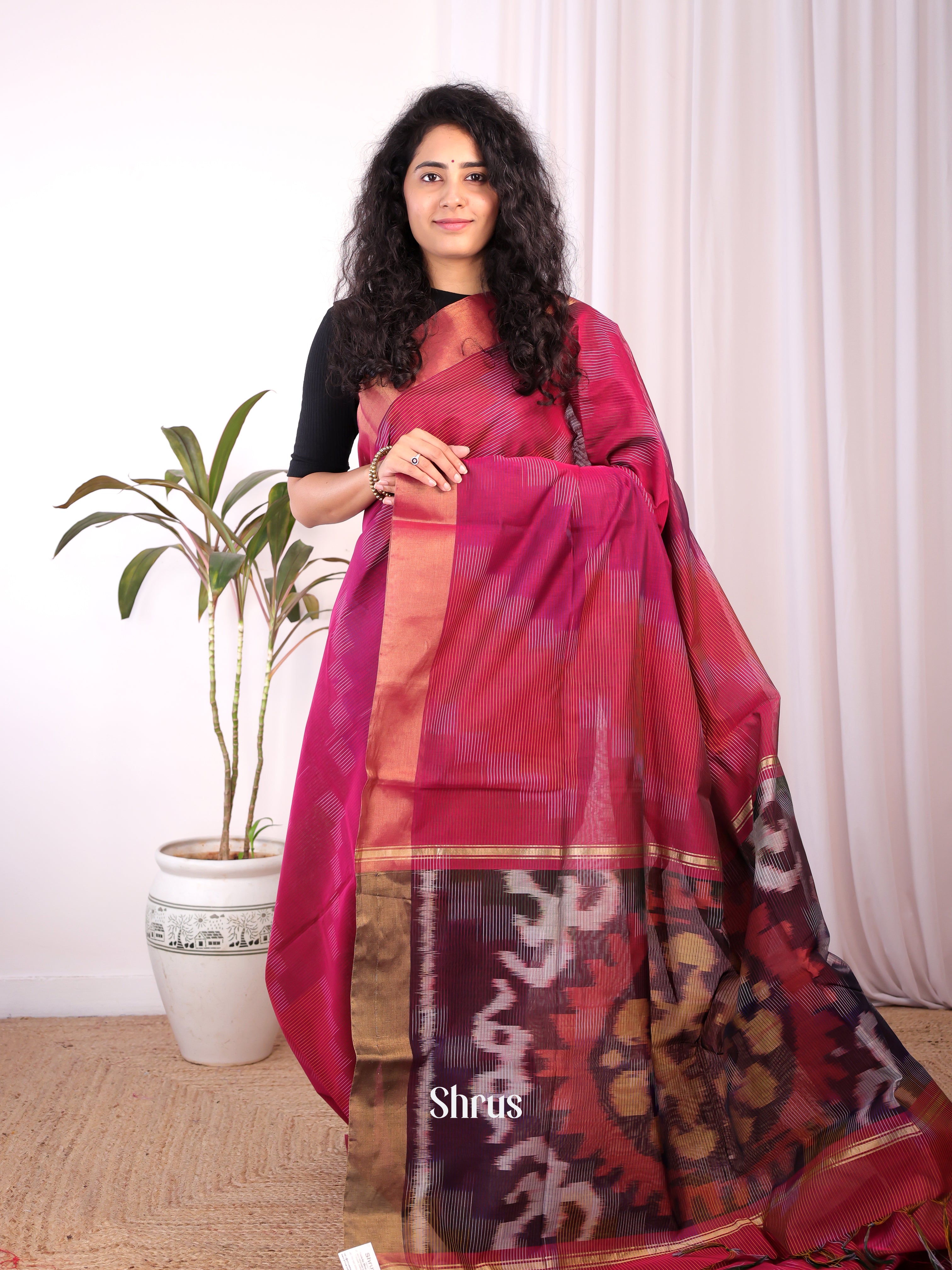 Pink & Brown - Ikkat Kora Saree