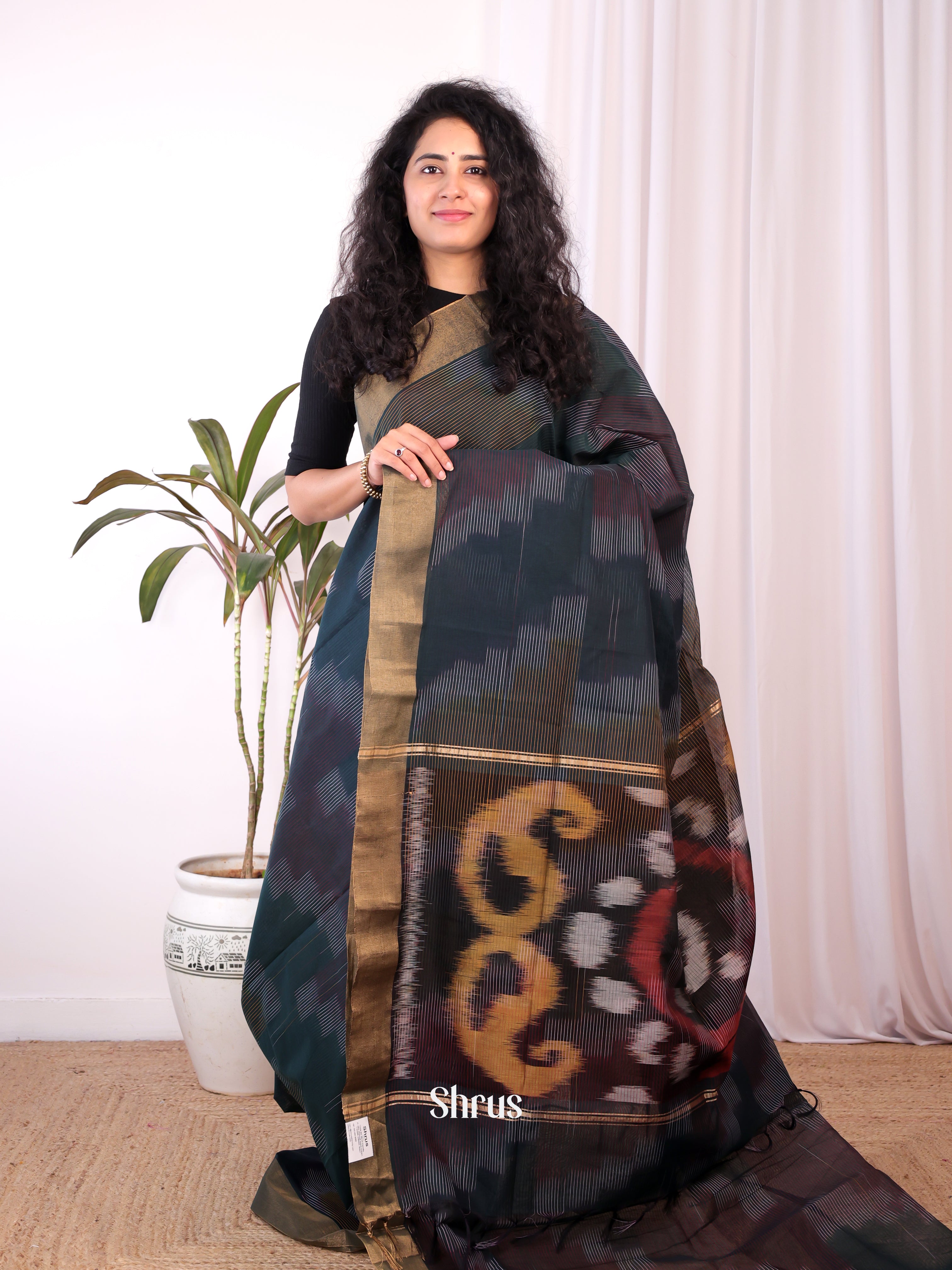 Dark Green & Brown - Ikkat Kora Saree