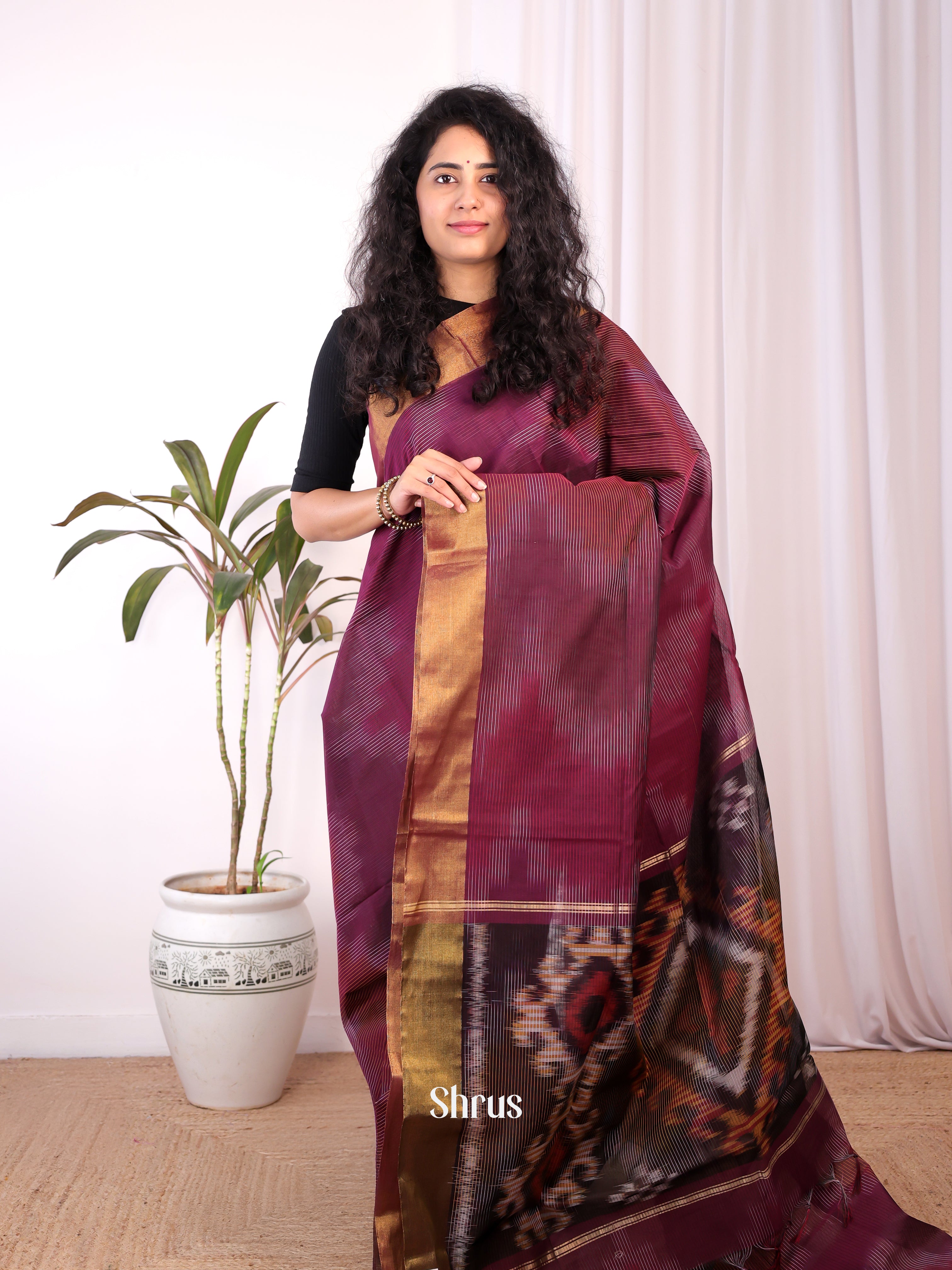 Purple & Brown- Ikkat Kora Saree