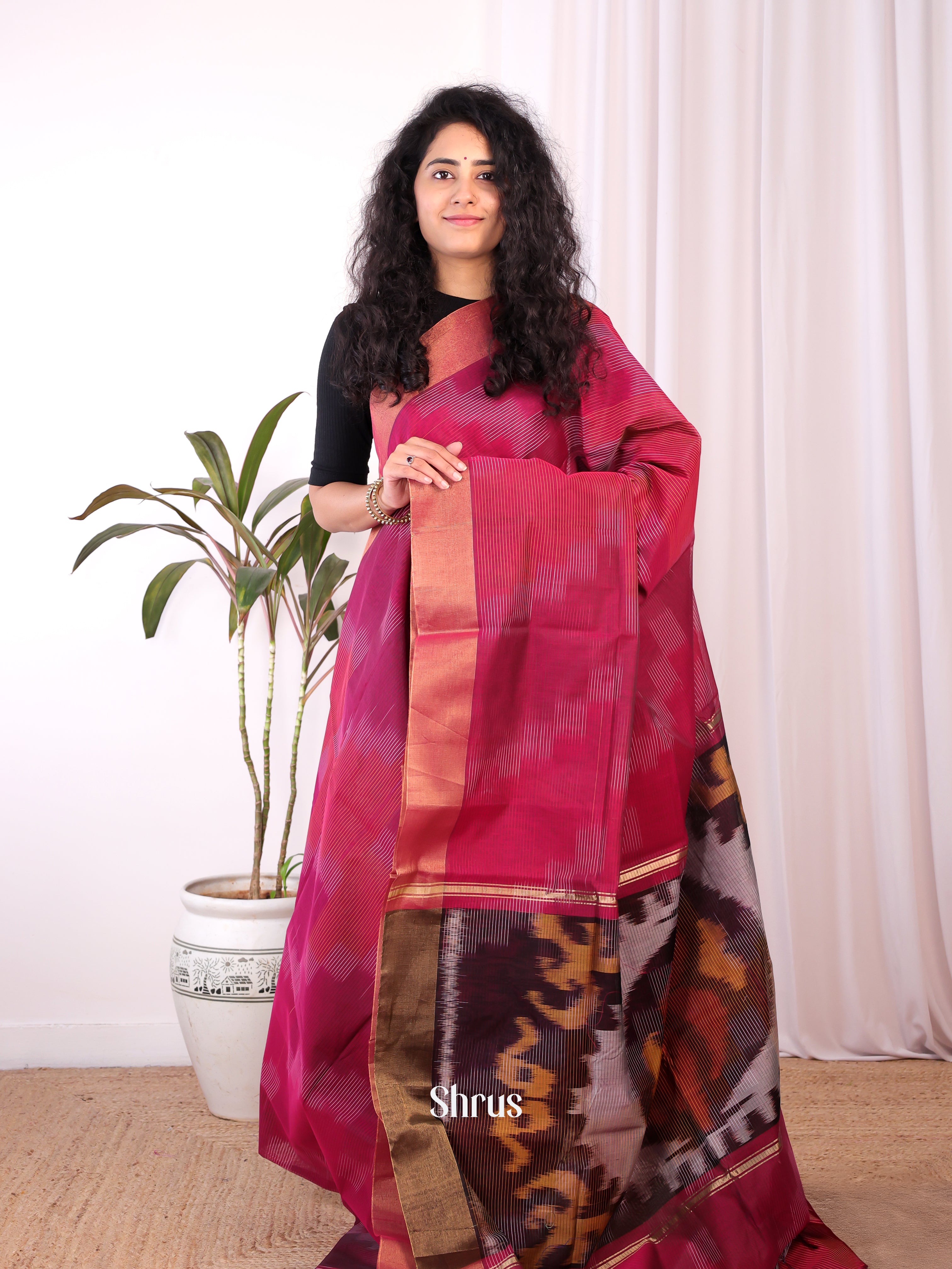 Maroon - Ikkat Kora Saree