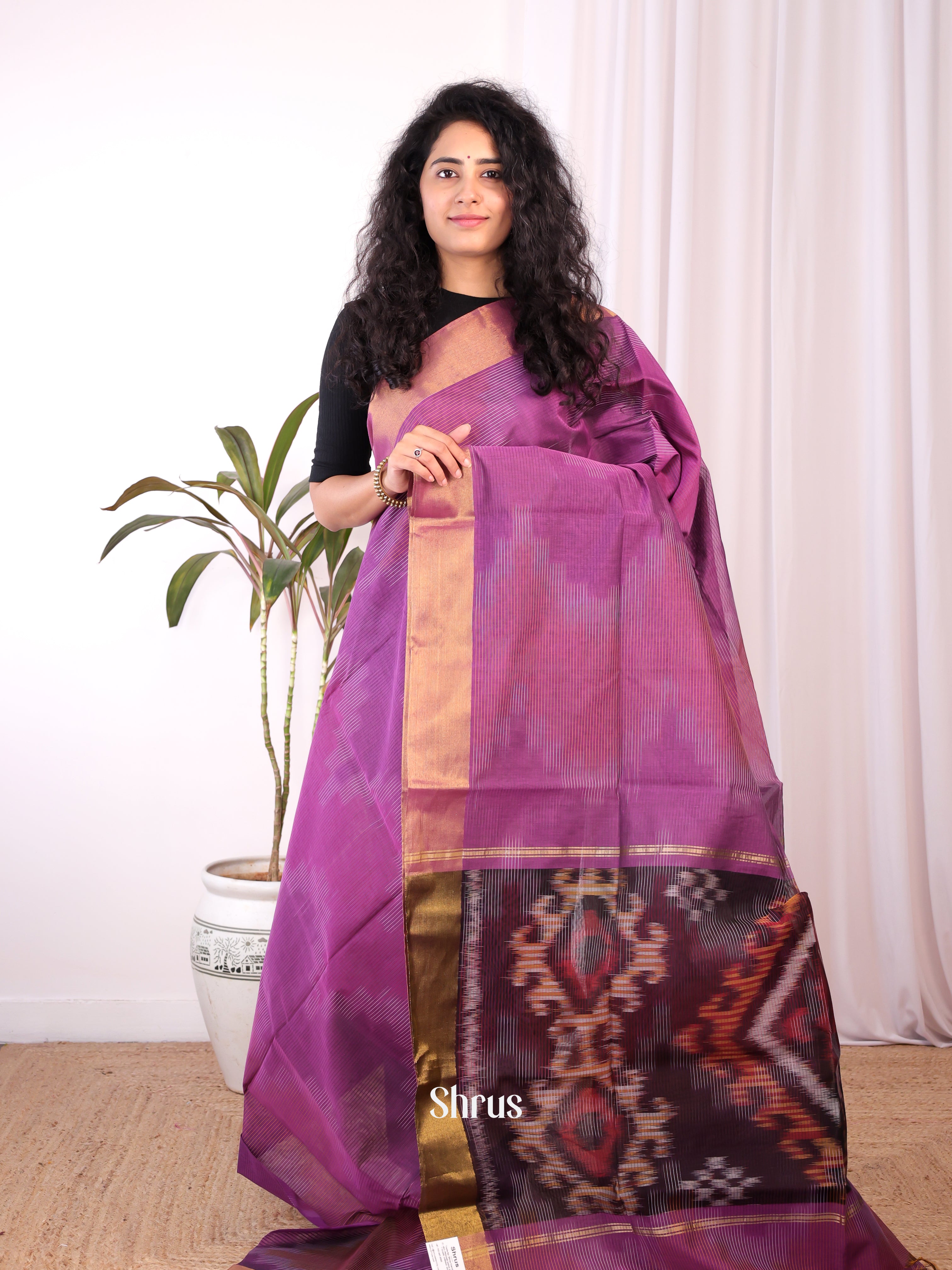 Purple - Ikkat Kora Saree