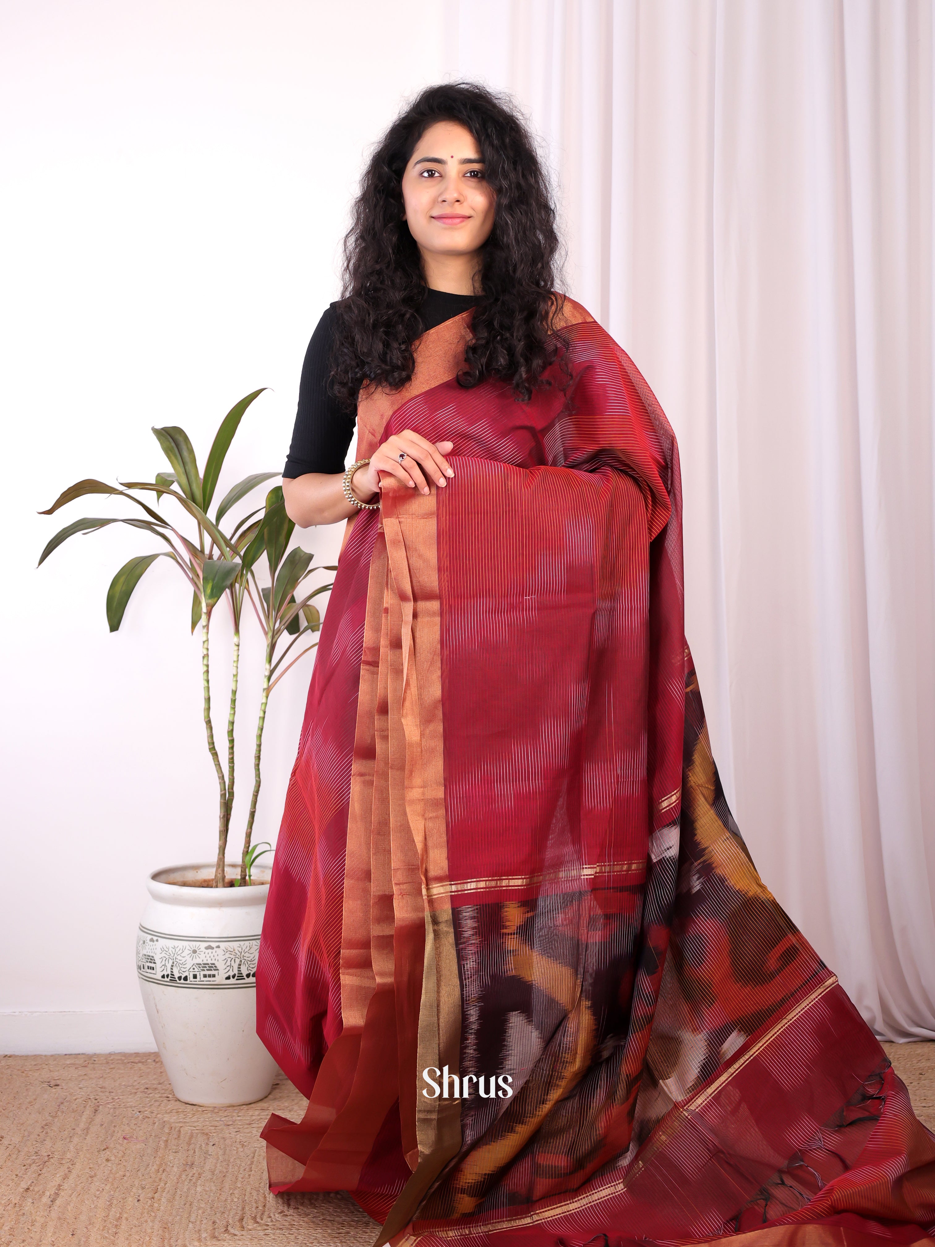 Maroon - Ikkat Kora Saree