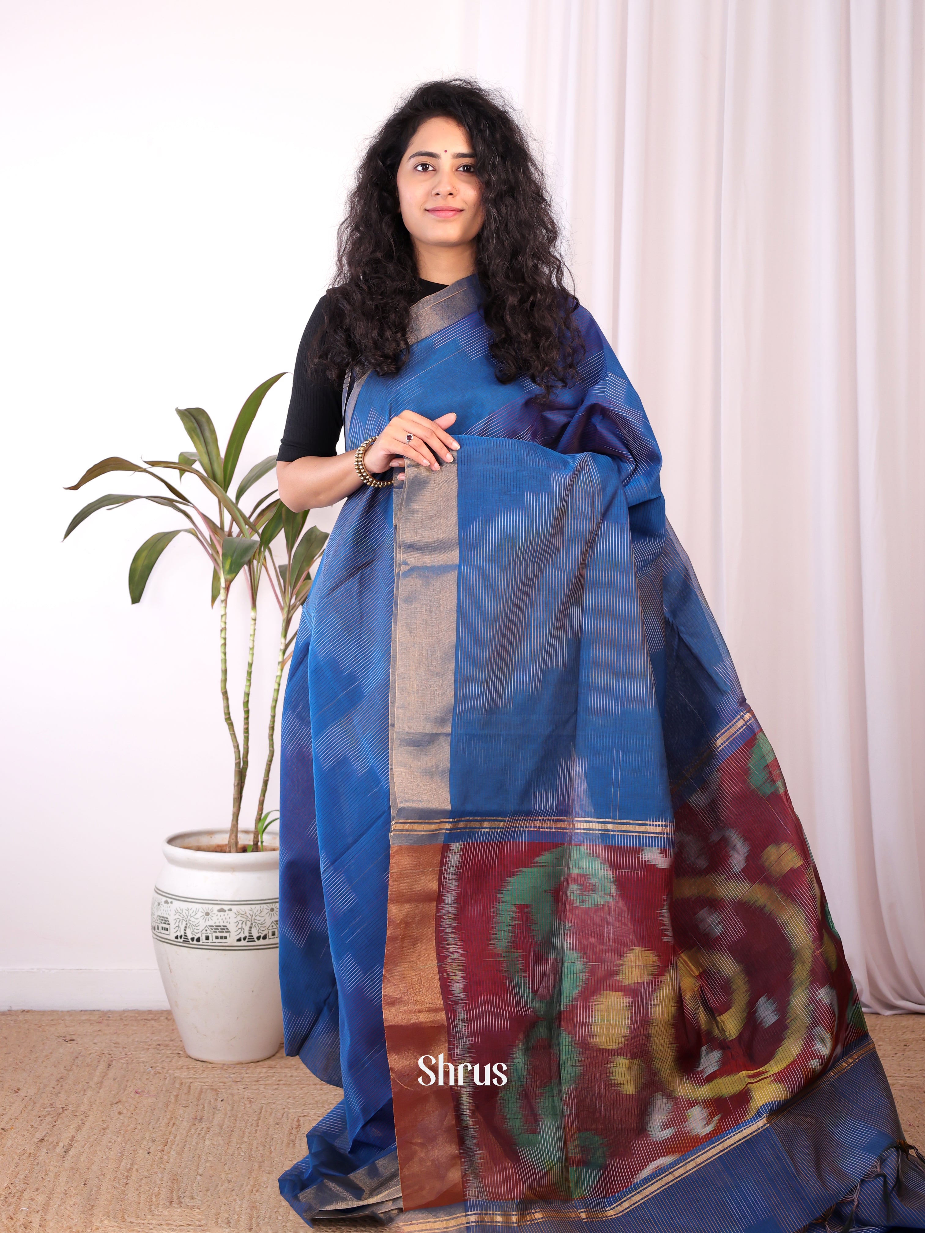 Blue & Maroon - Ikkat Kora Saree