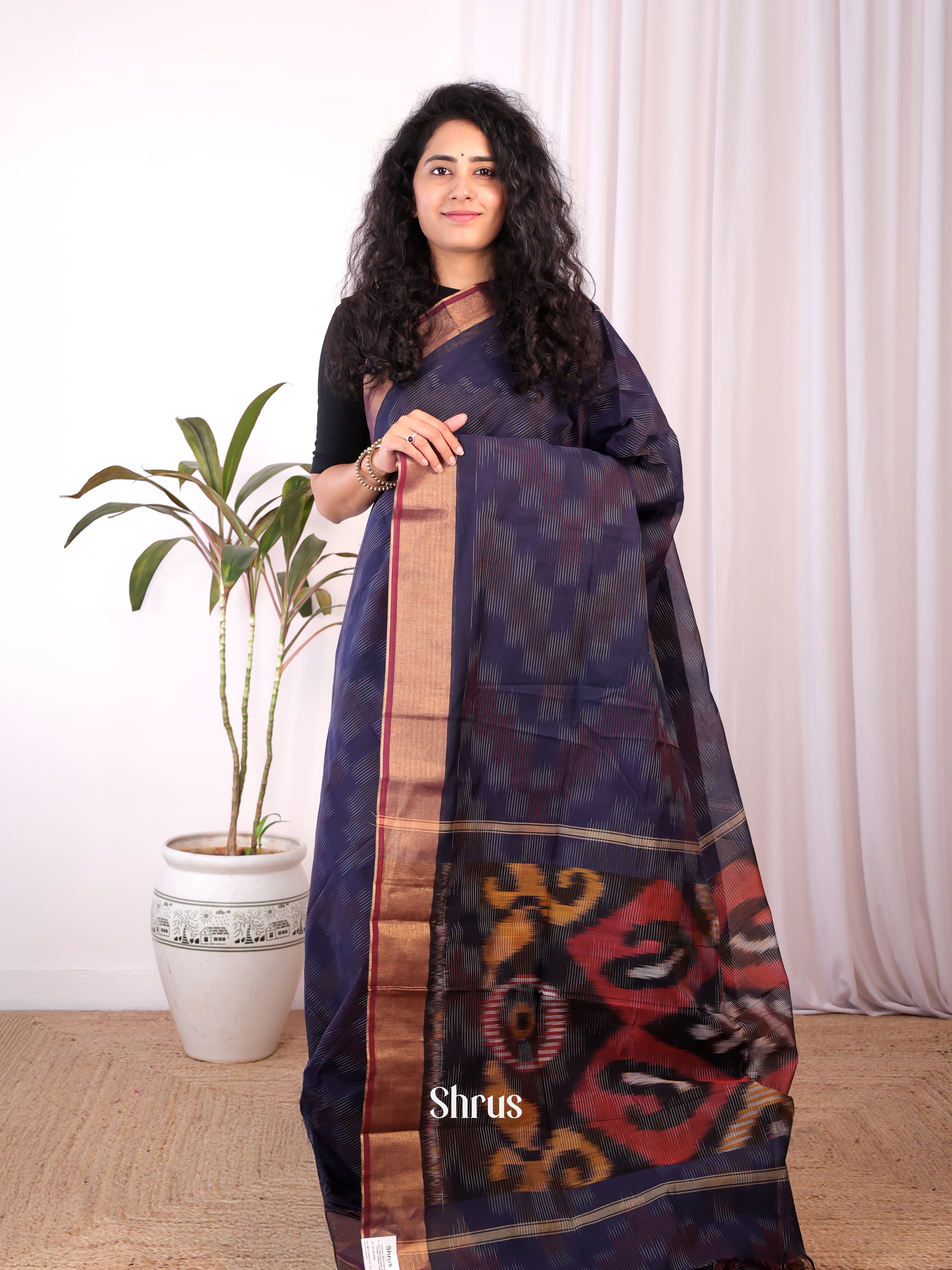 Violet & Brown- Ikkat Kora Saree