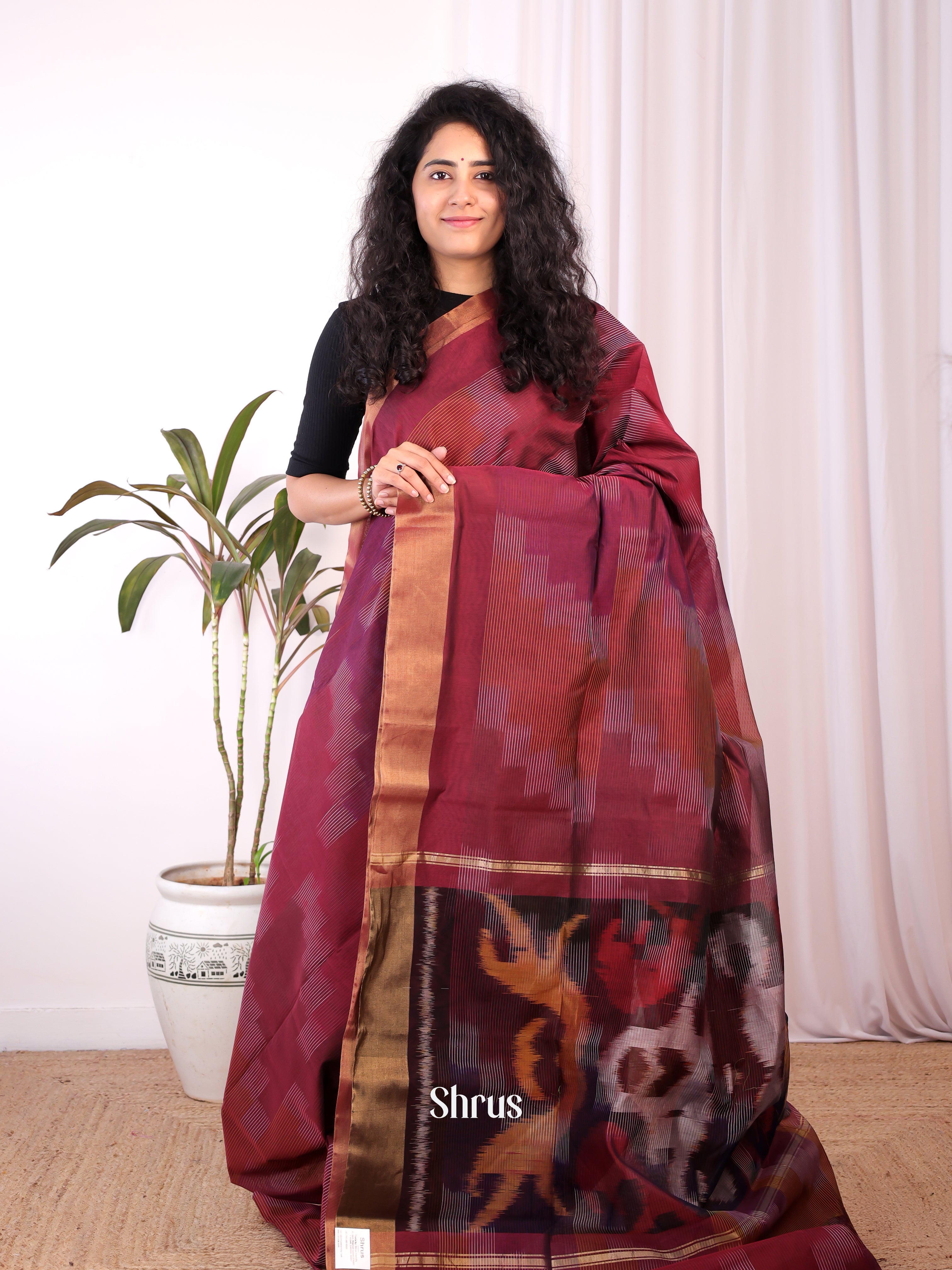 Maroon - Ikkat Kora Saree