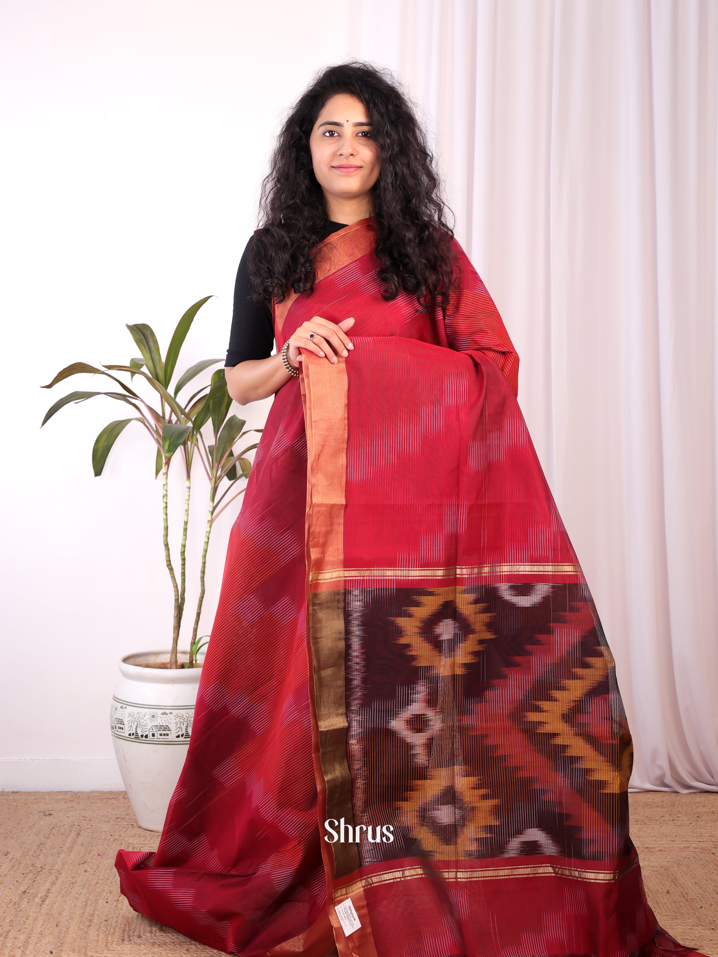 Red & Brown - Ikkat Kora Saree