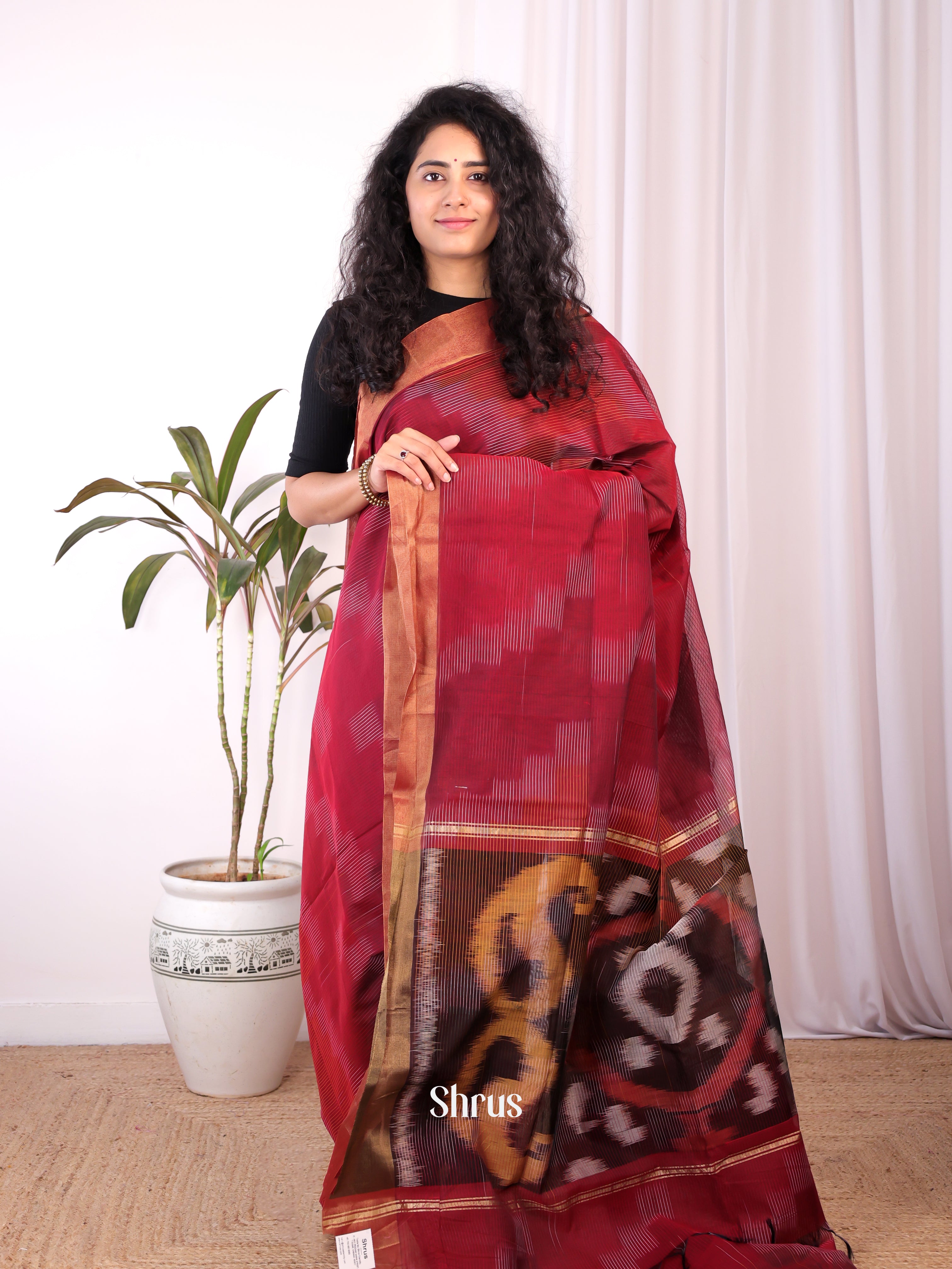 Maroon - Ikkat Kora Saree