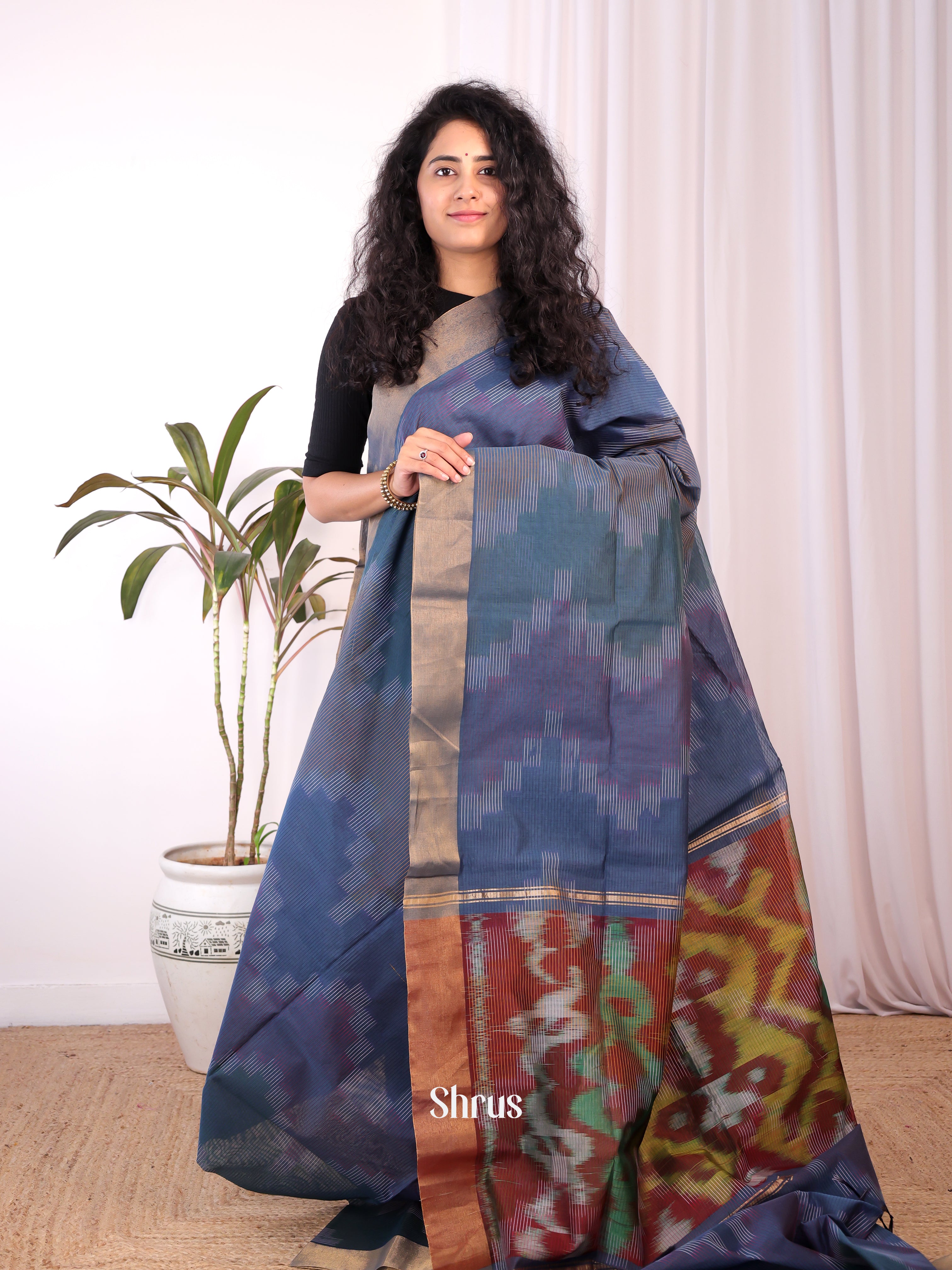 Blue & Brown - Ikkat Kora Saree