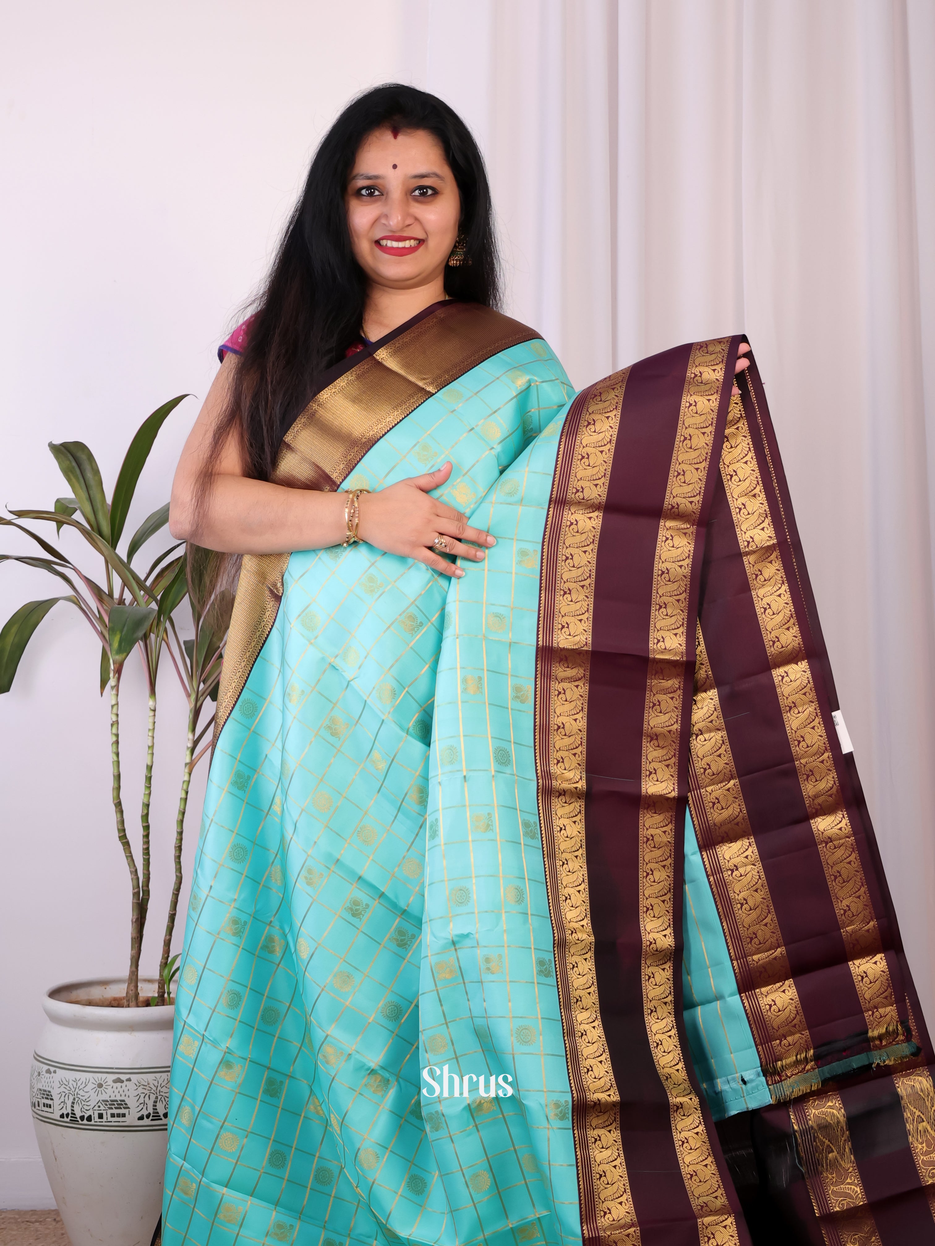 Teal & Brown - Kanchipuram silk Saree