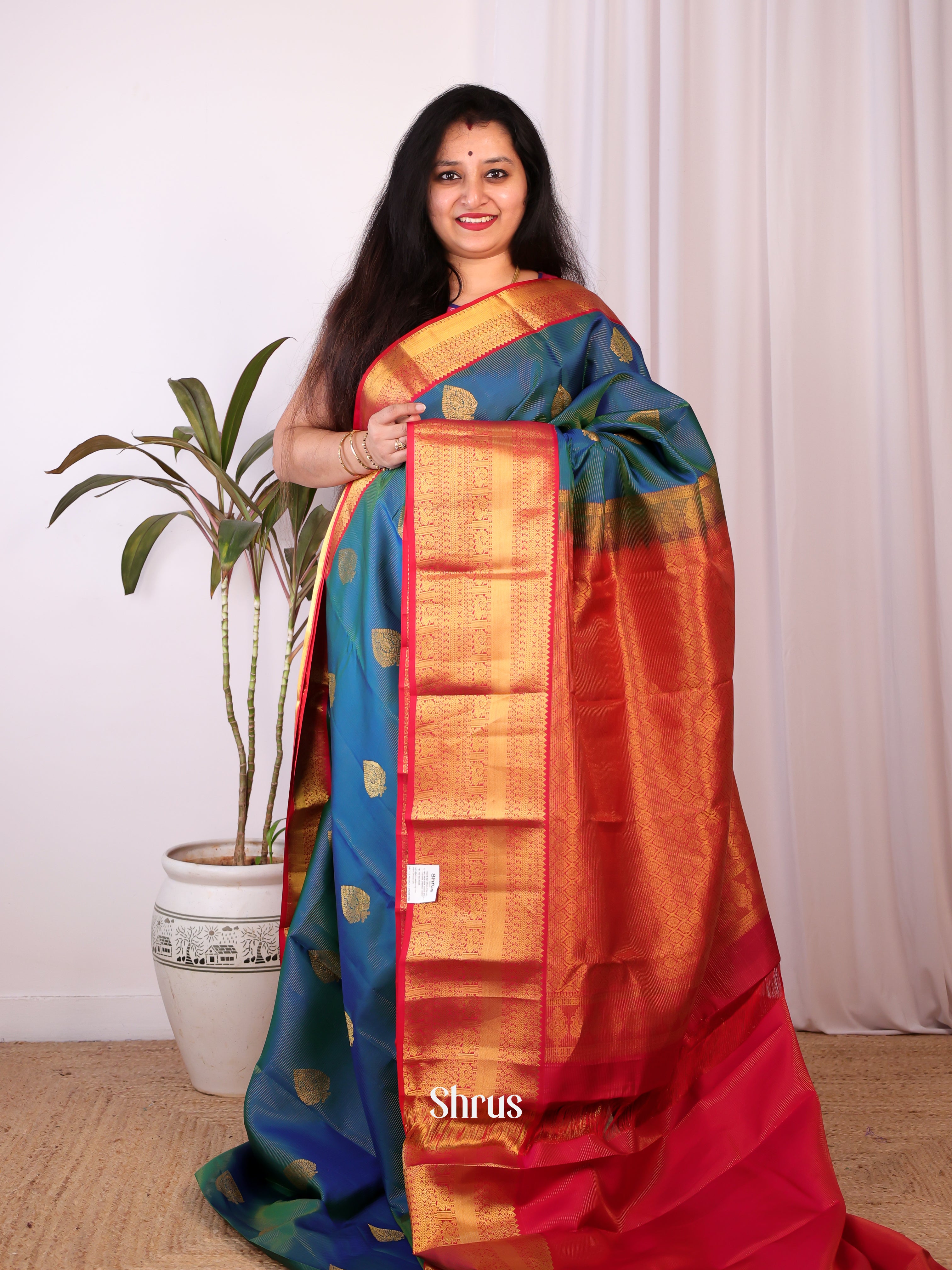 Peacock Blue & Maroon - Kanchipuram silk Saree