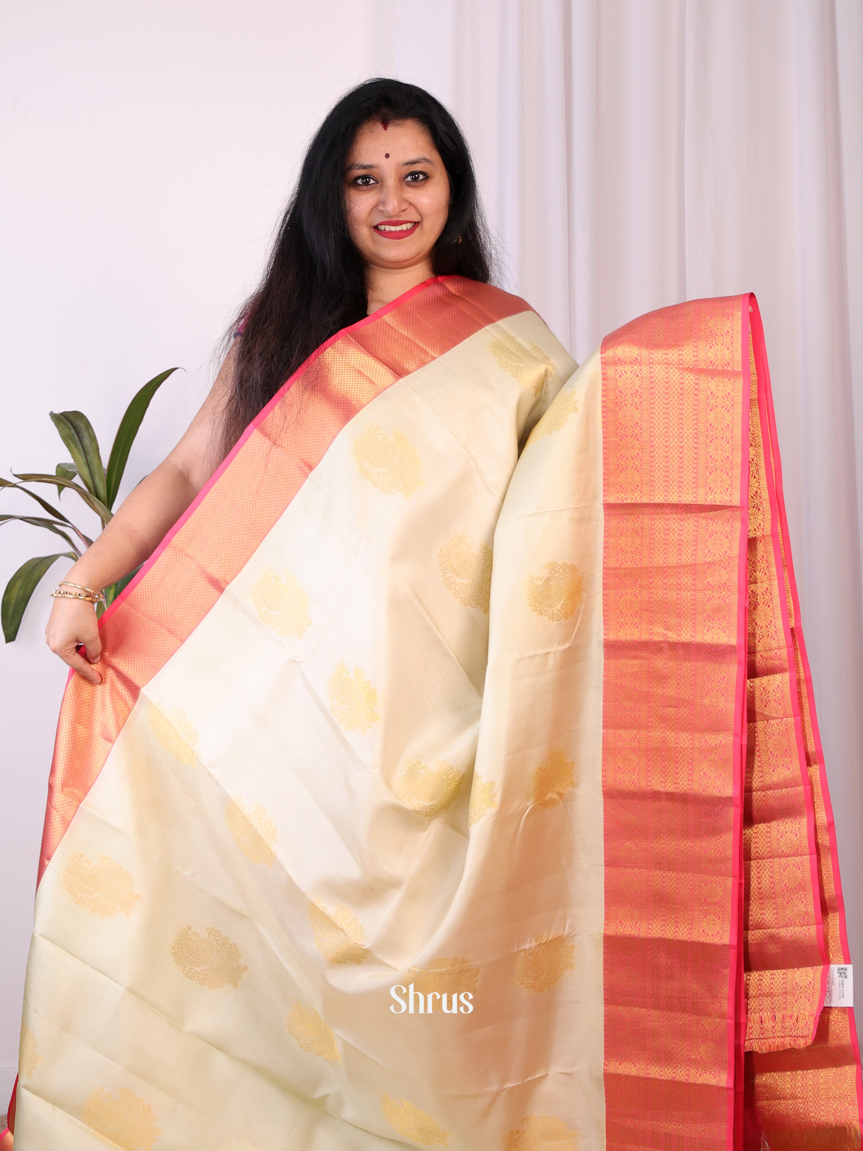 Cream & Pink - Kanchipuram silk Saree