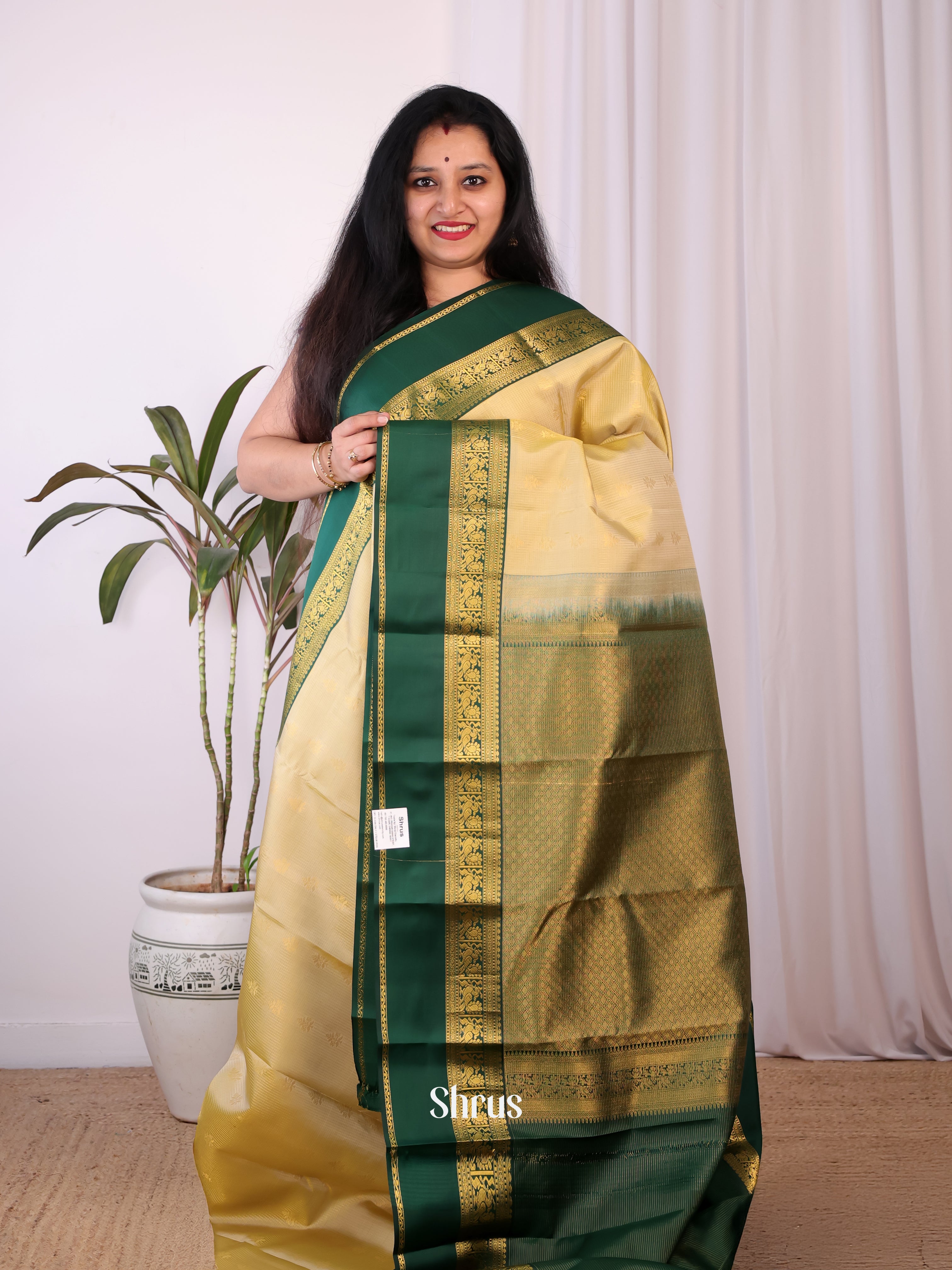 Beige & Green - Kanchipuram silk Saree