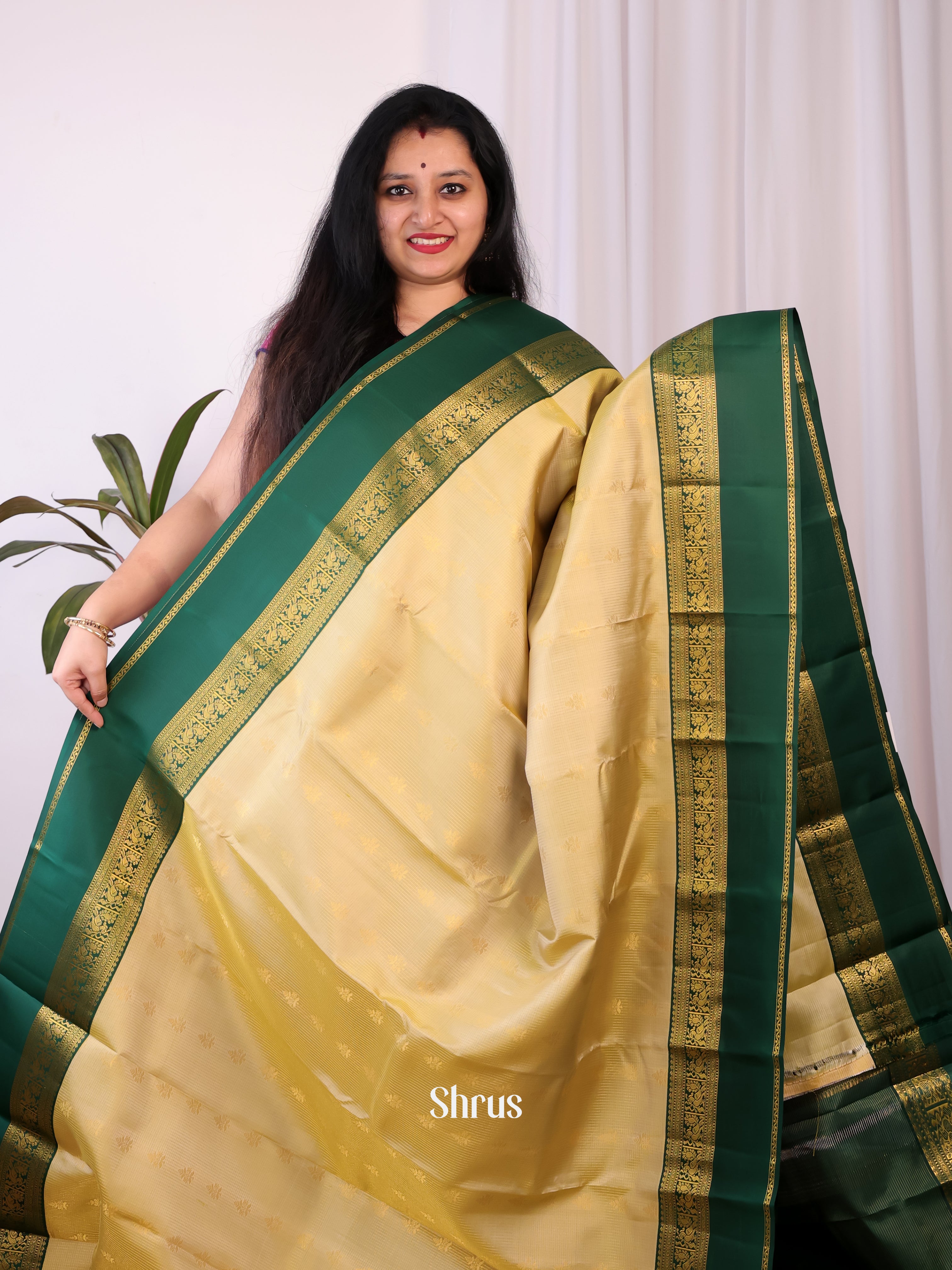 Beige & Green - Kanchipuram silk Saree