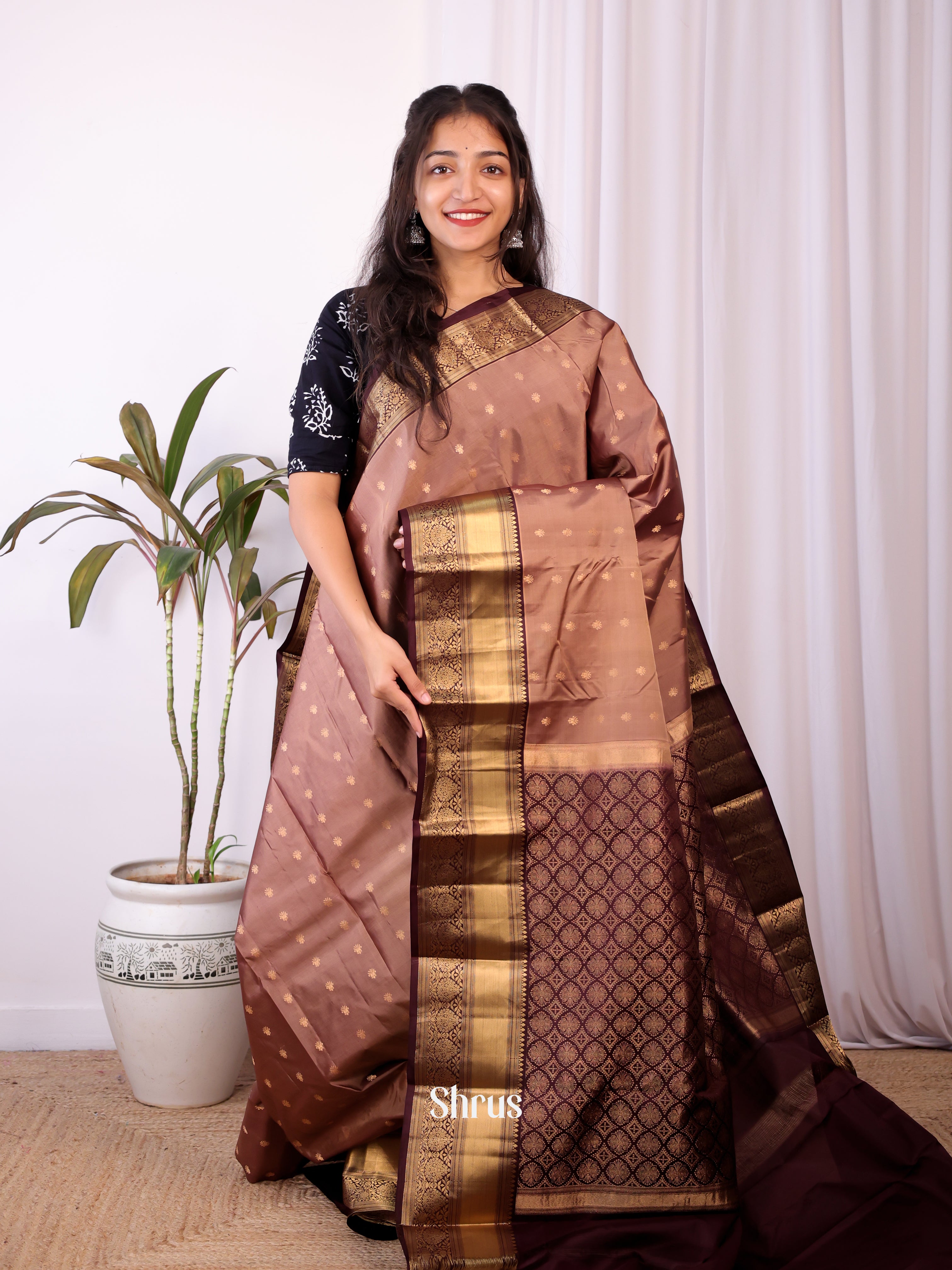 Dusty Brown & Brown - Kanchipuram silk Saree - Shop on Shrus.com