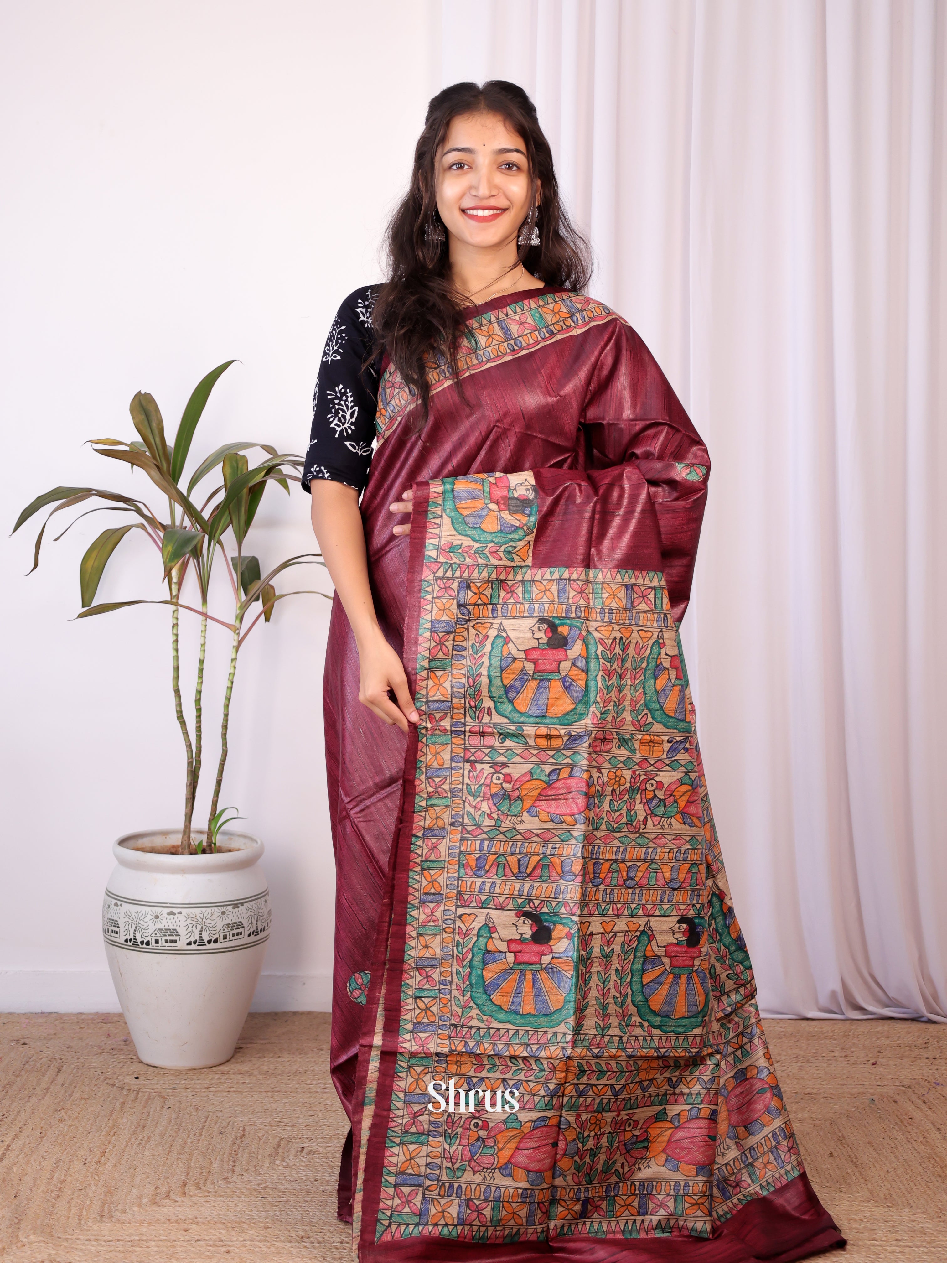 Wine & Beige - Tussar Saree