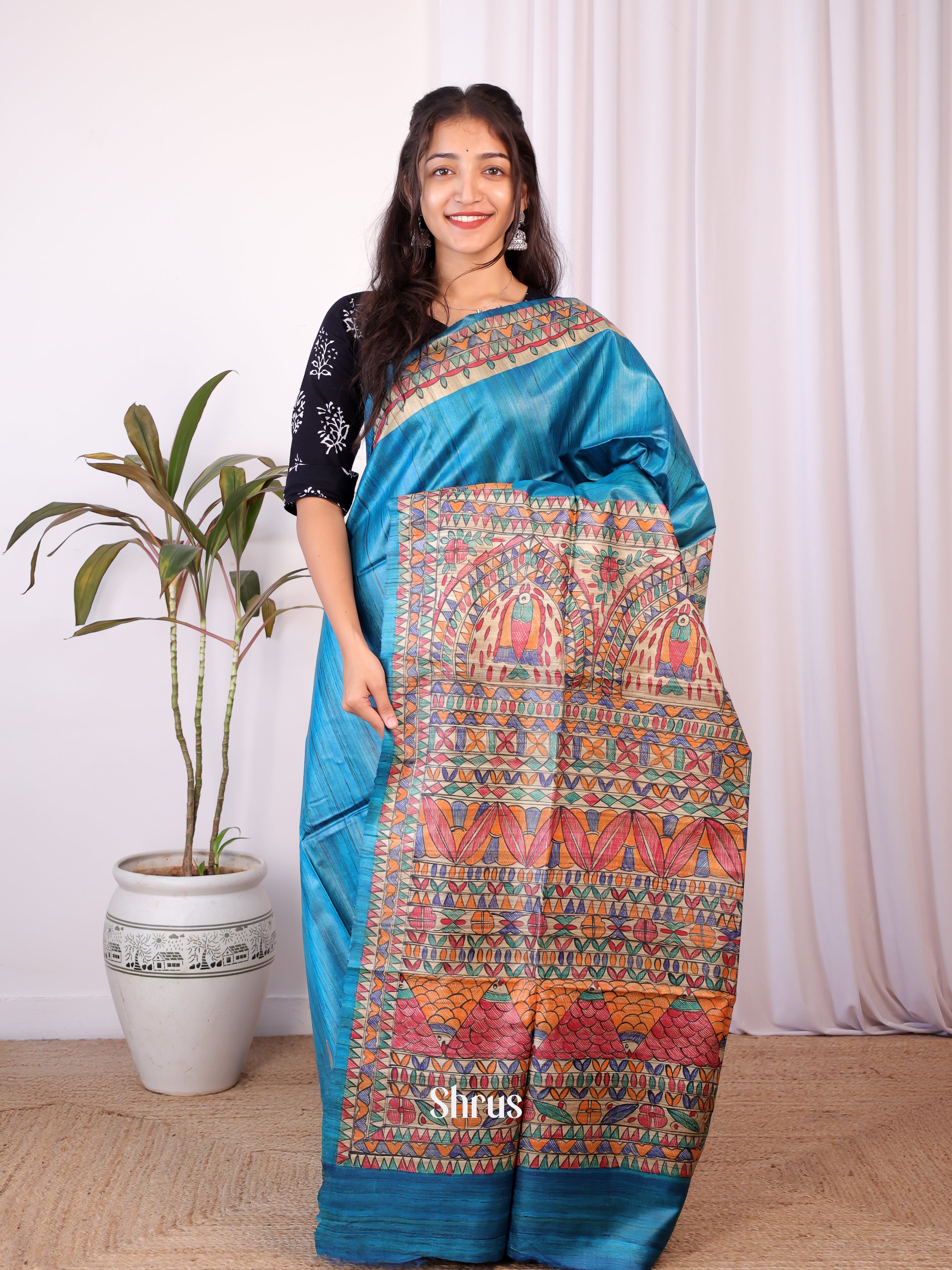 Blue & Beige - Tussar Saree