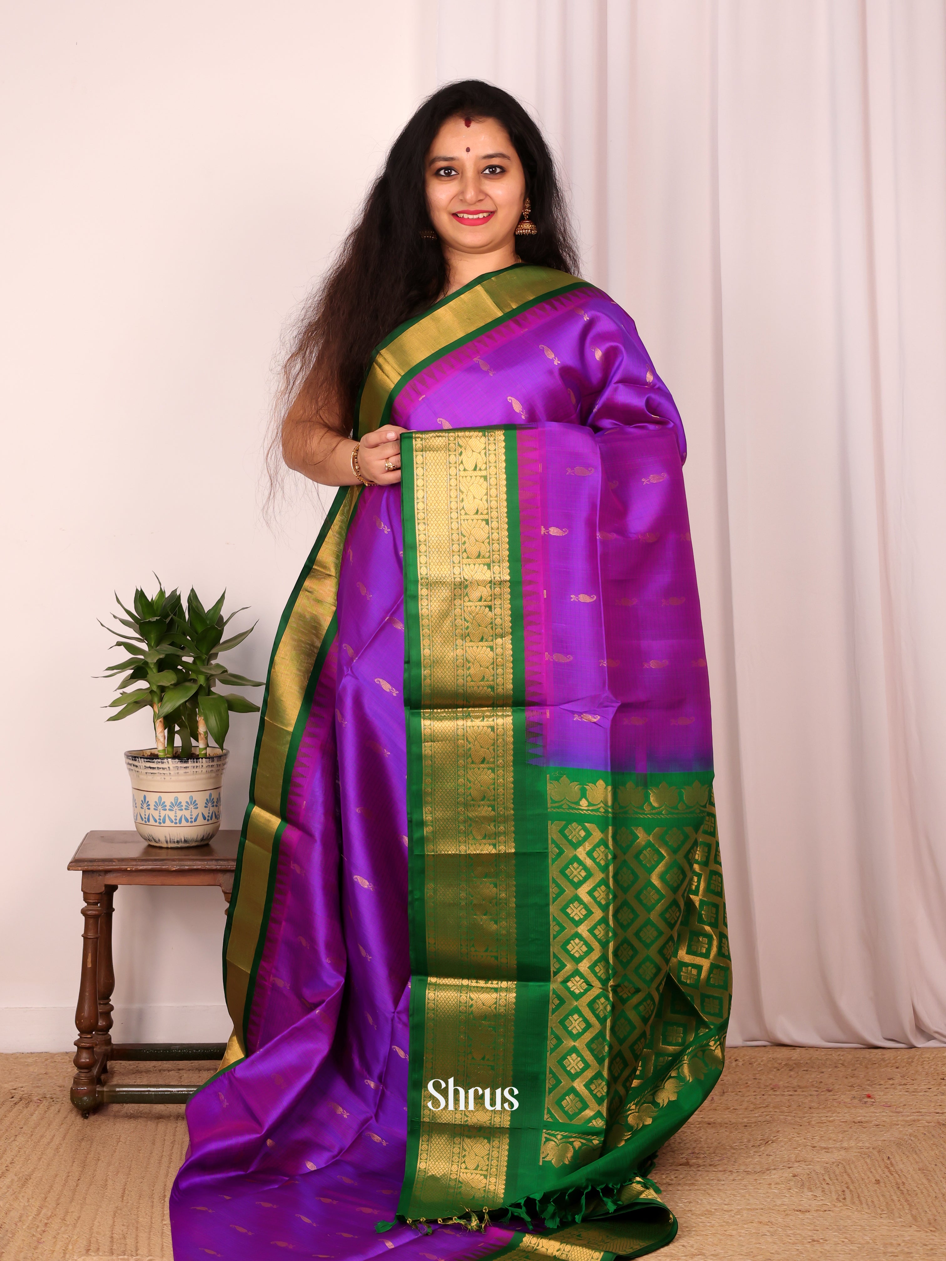 Purple & Green - Soft Silk Saree