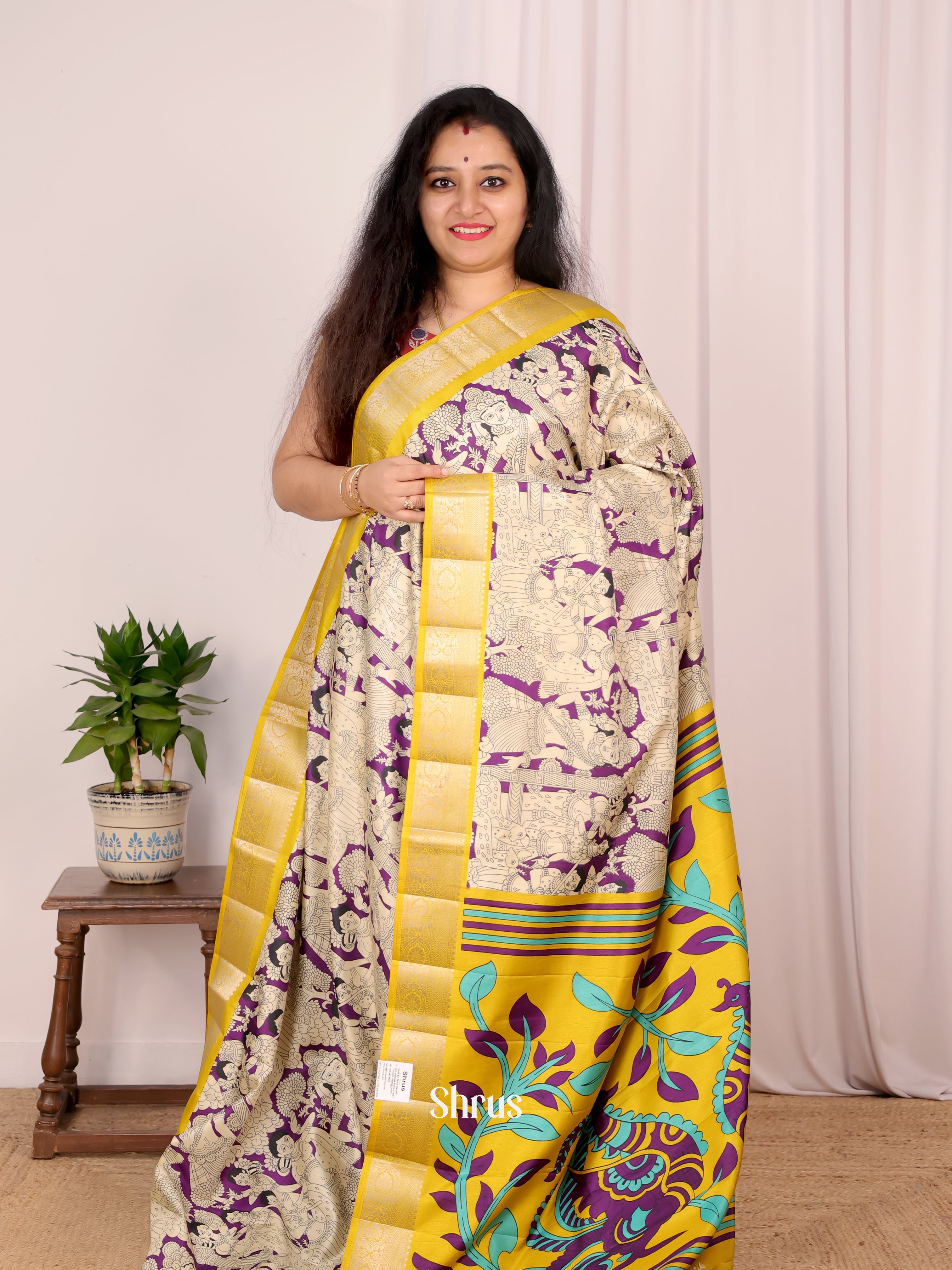 Violet & Mustard- Semi Tussar Saree