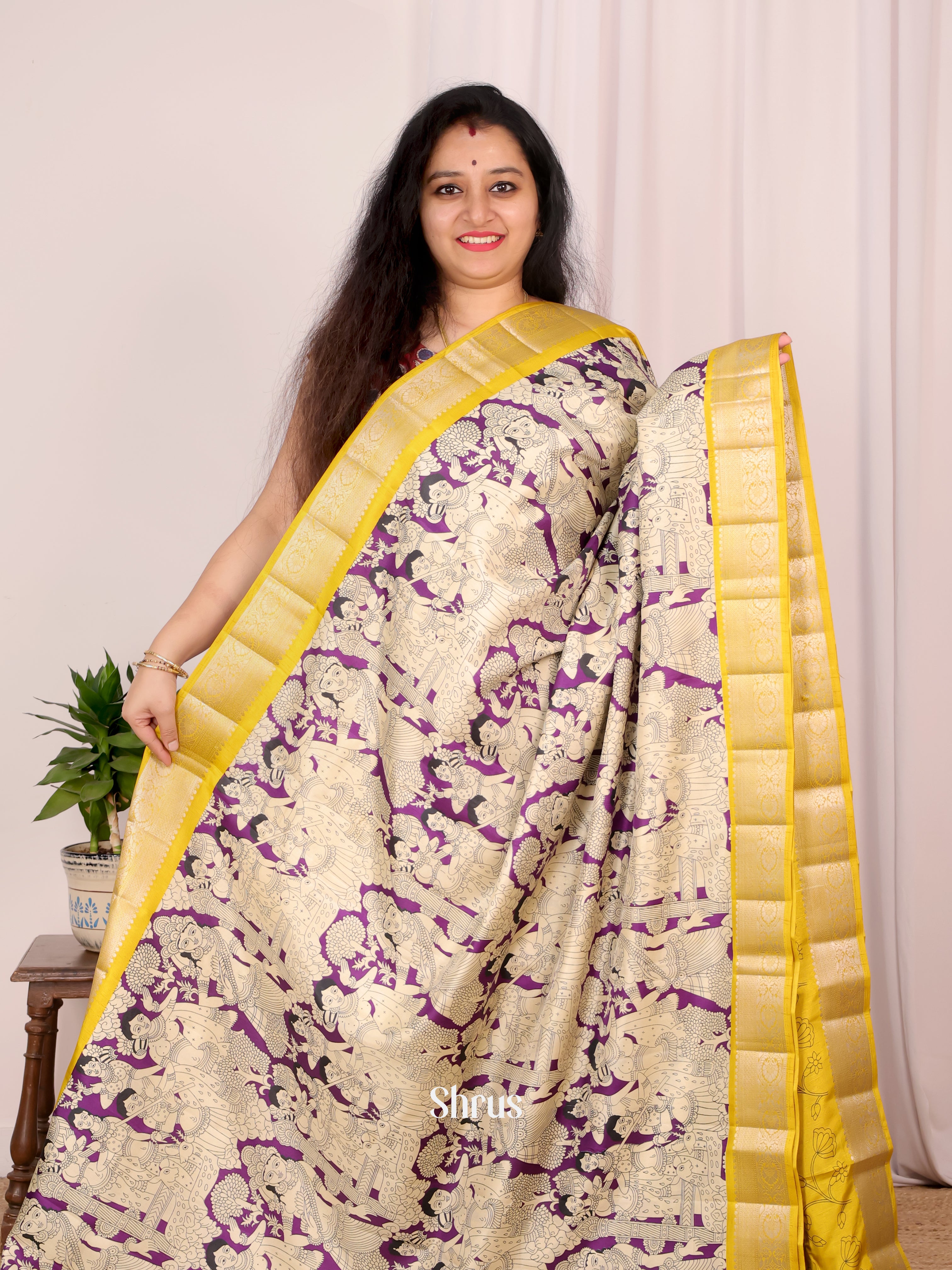 Violet & Mustard- Semi Tussar Saree